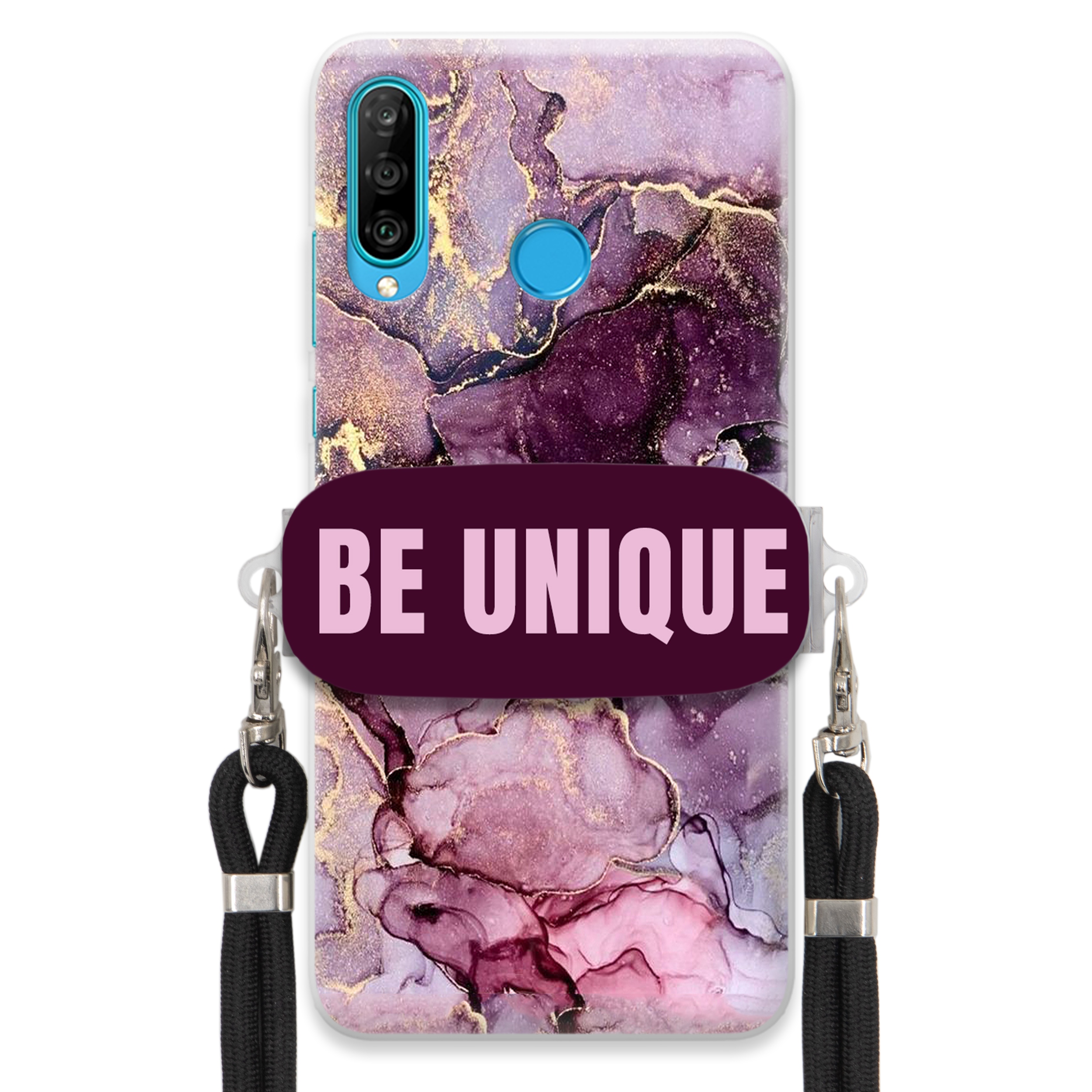 Puzdro pre Huawei P30 Lite držiak na šnúrku Čierna Fialová Mramor Be Unique