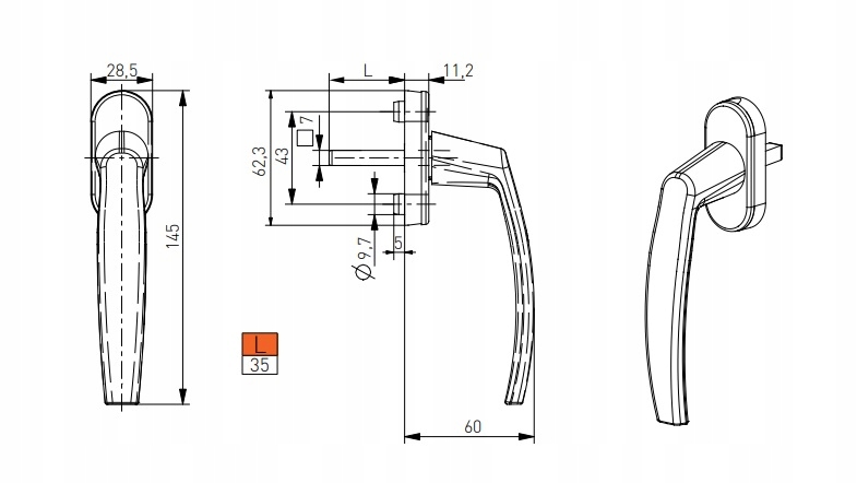 Klamka do okna okien okienna ALUMINIOWA trzpień 35 mm wytrzymała na lata Rodzaj blokady inny