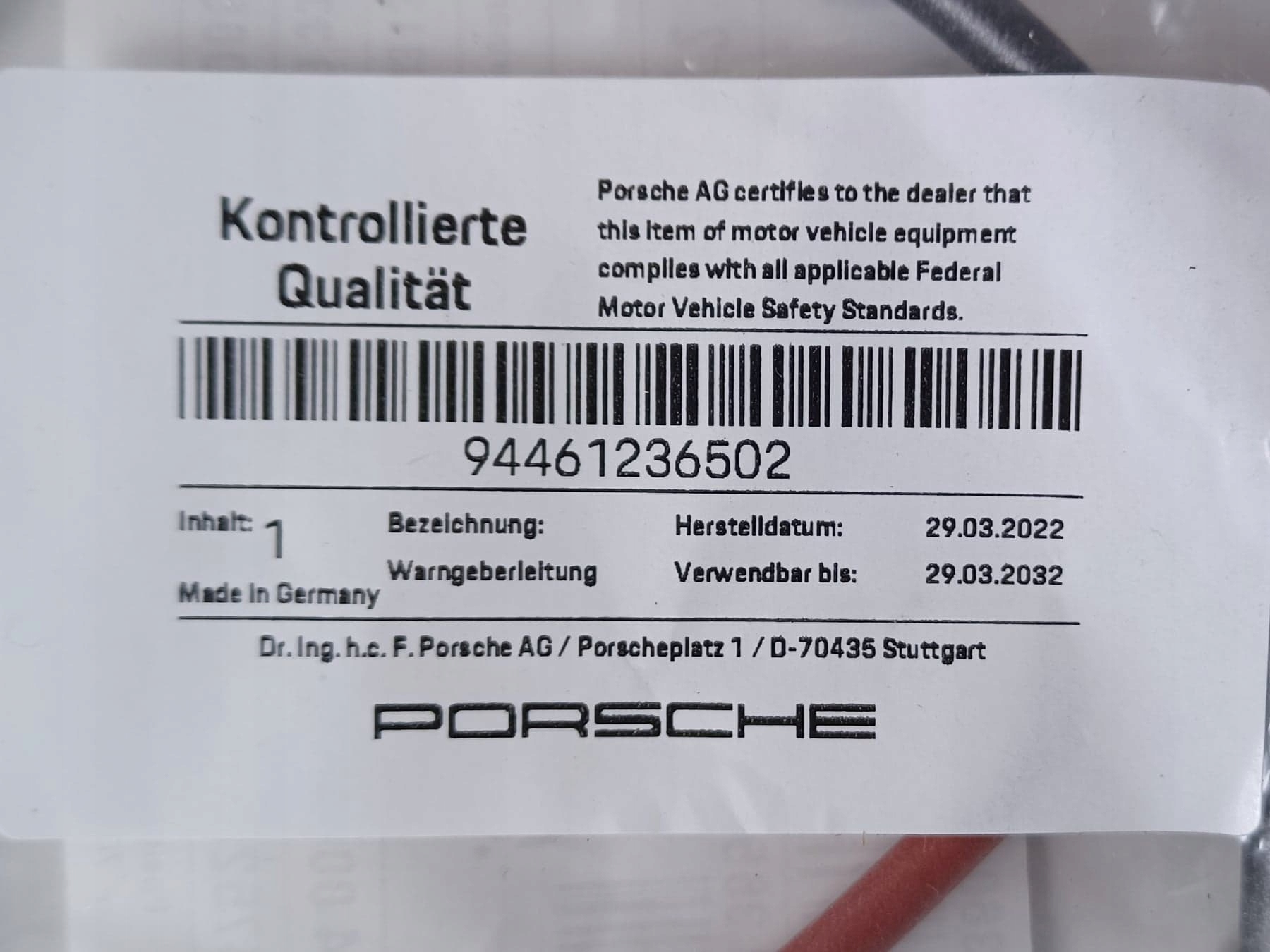 CZUJNIK ZUŻYCIA KLOCKÓW PORSCHE 944 94461236502 Typ samochodu Samochody osobowe