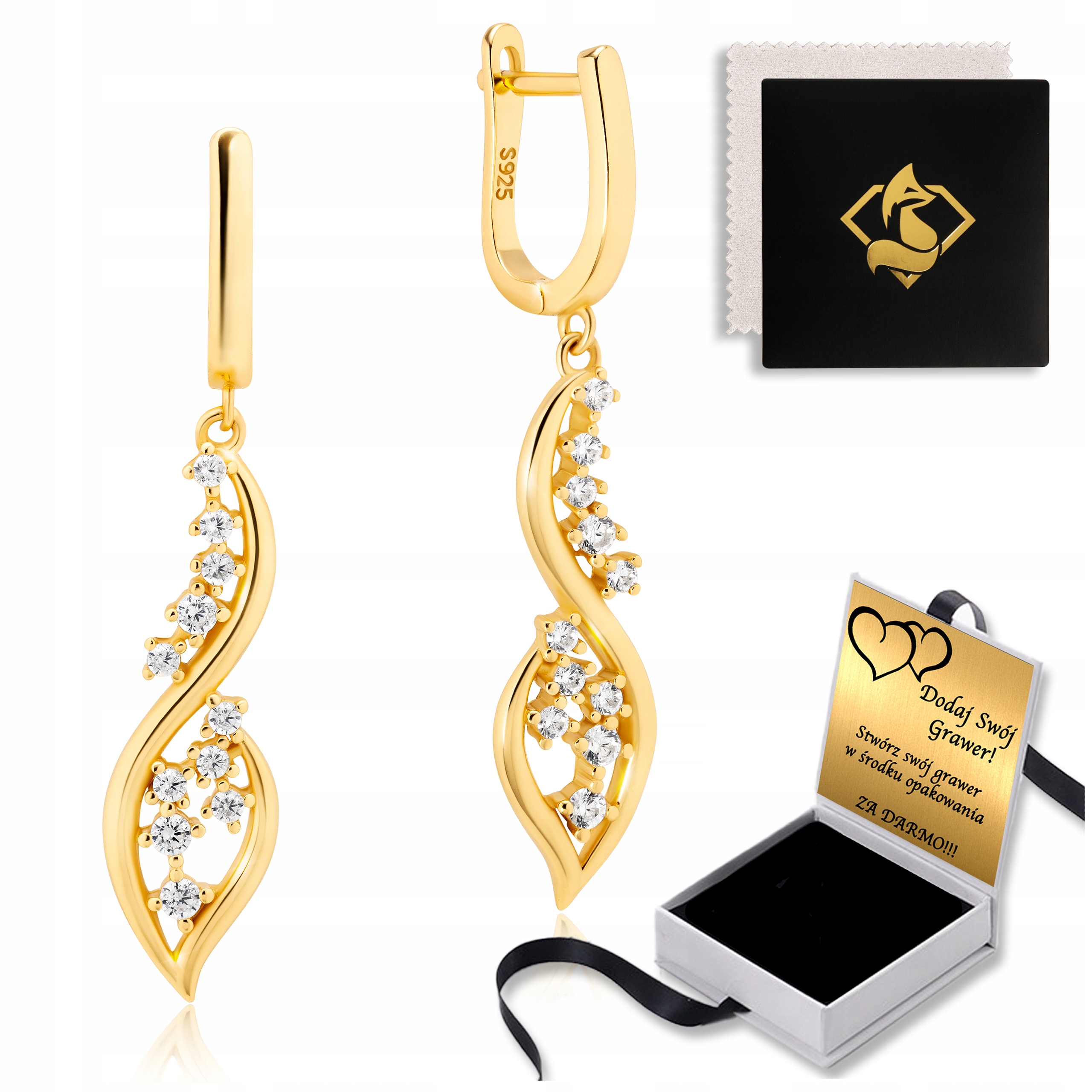 Złote Kolczyki Wiszące z Cyrkoniami Długie Dla niej Grawer