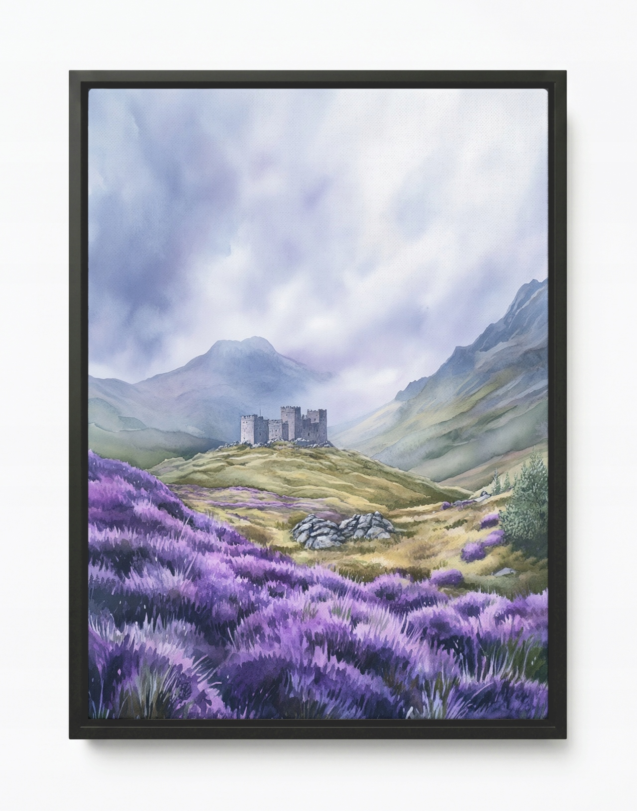 Obraz Rám Americký Box Krajina Skotsko Highland Hory Zámek Vřesy 75x100