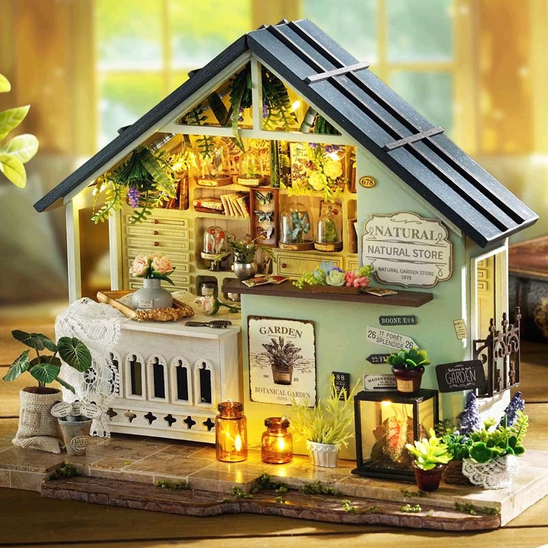 Miniaturowy Domek Letni Butik Kwiaty Puzzle 3D Rośliny Motyle Led Ozdoba