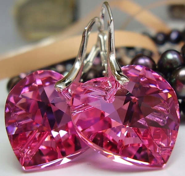 Krystaly Náušnice Růžové srdce Stříbro