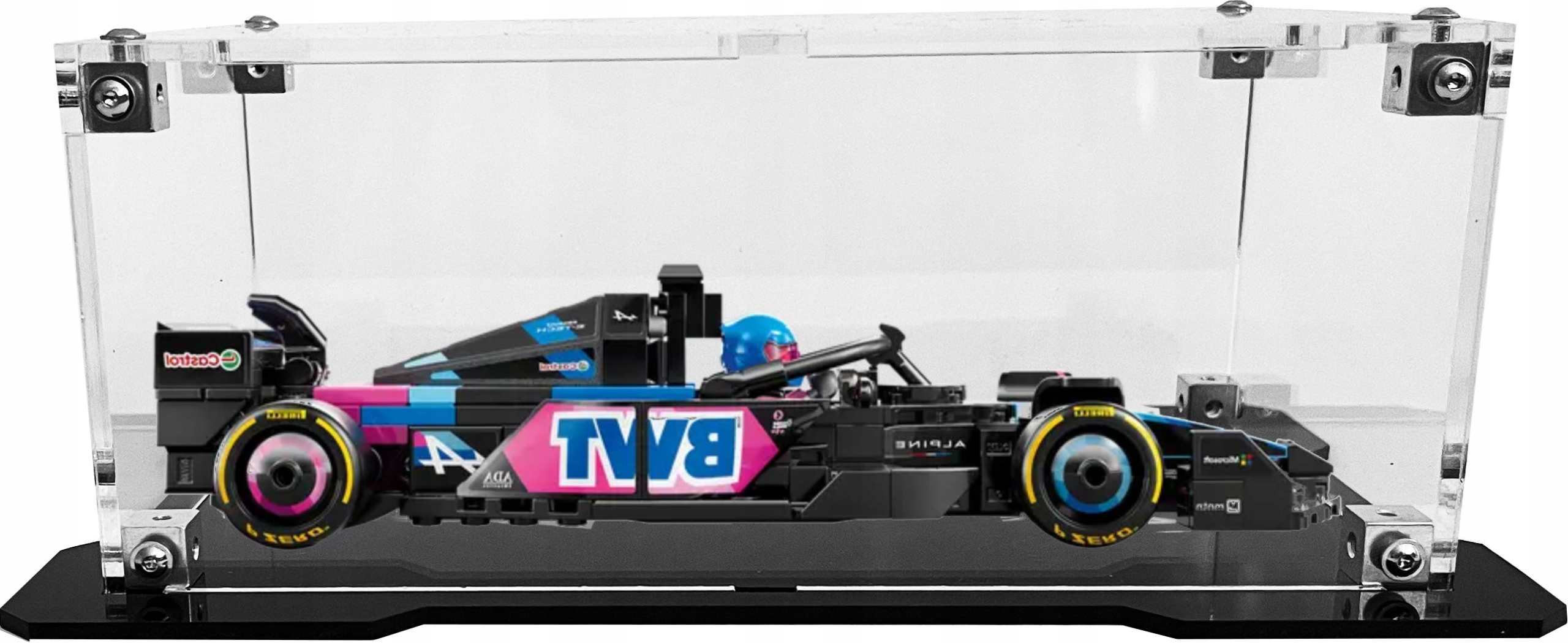 Vitrína s černou základnou pro stavebnici Lego 77248 Formule F1 Bwt Alpine Team