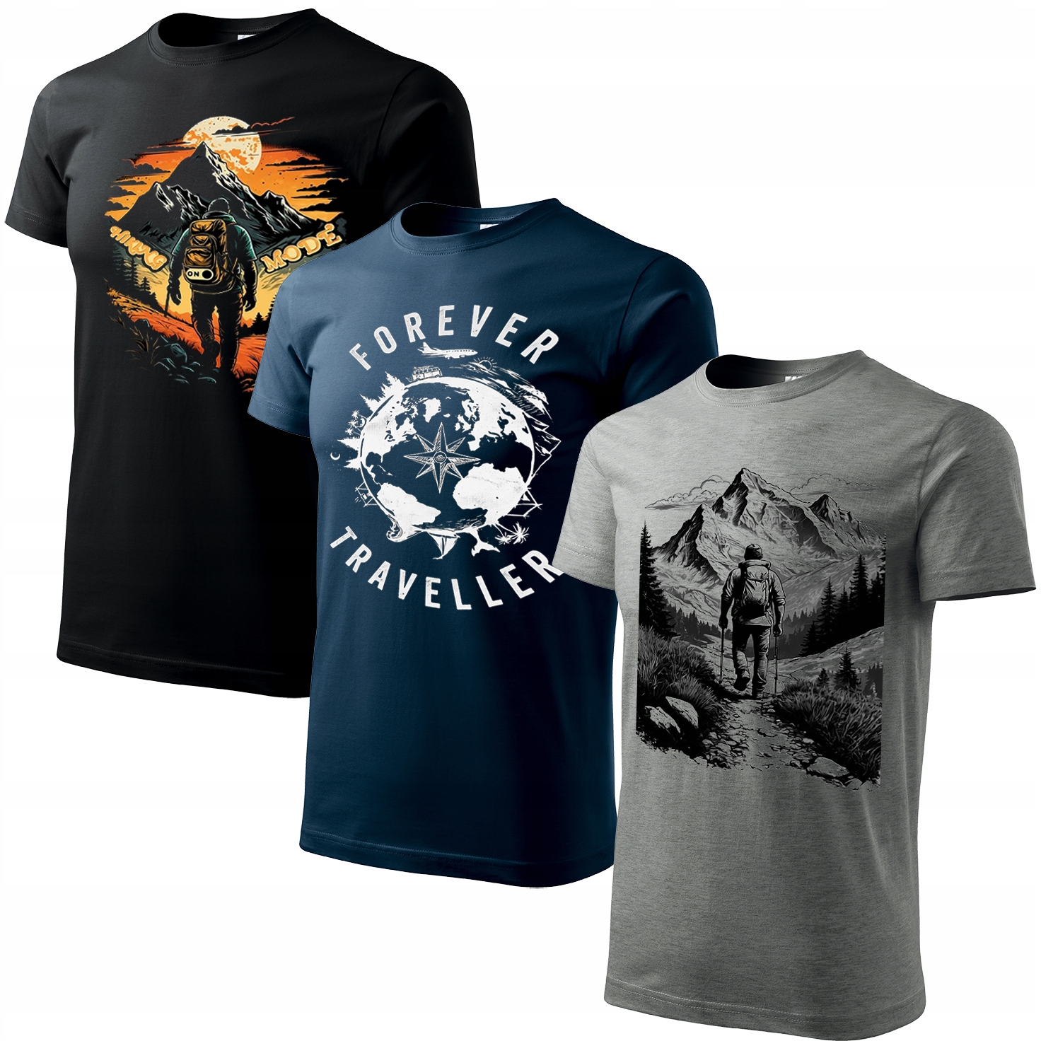 Zestaw 3 Koszulek Podróżniczych Koszulki turystyczne Traveler roz. XL