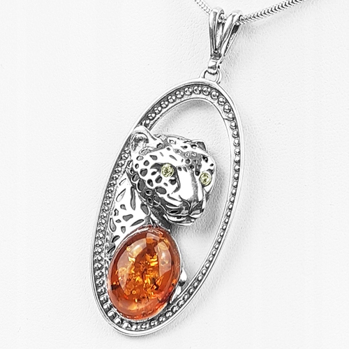 Stříbrný Přívěsek kočka gepard s originálním baltský jantar ze stříbra Přívěsek