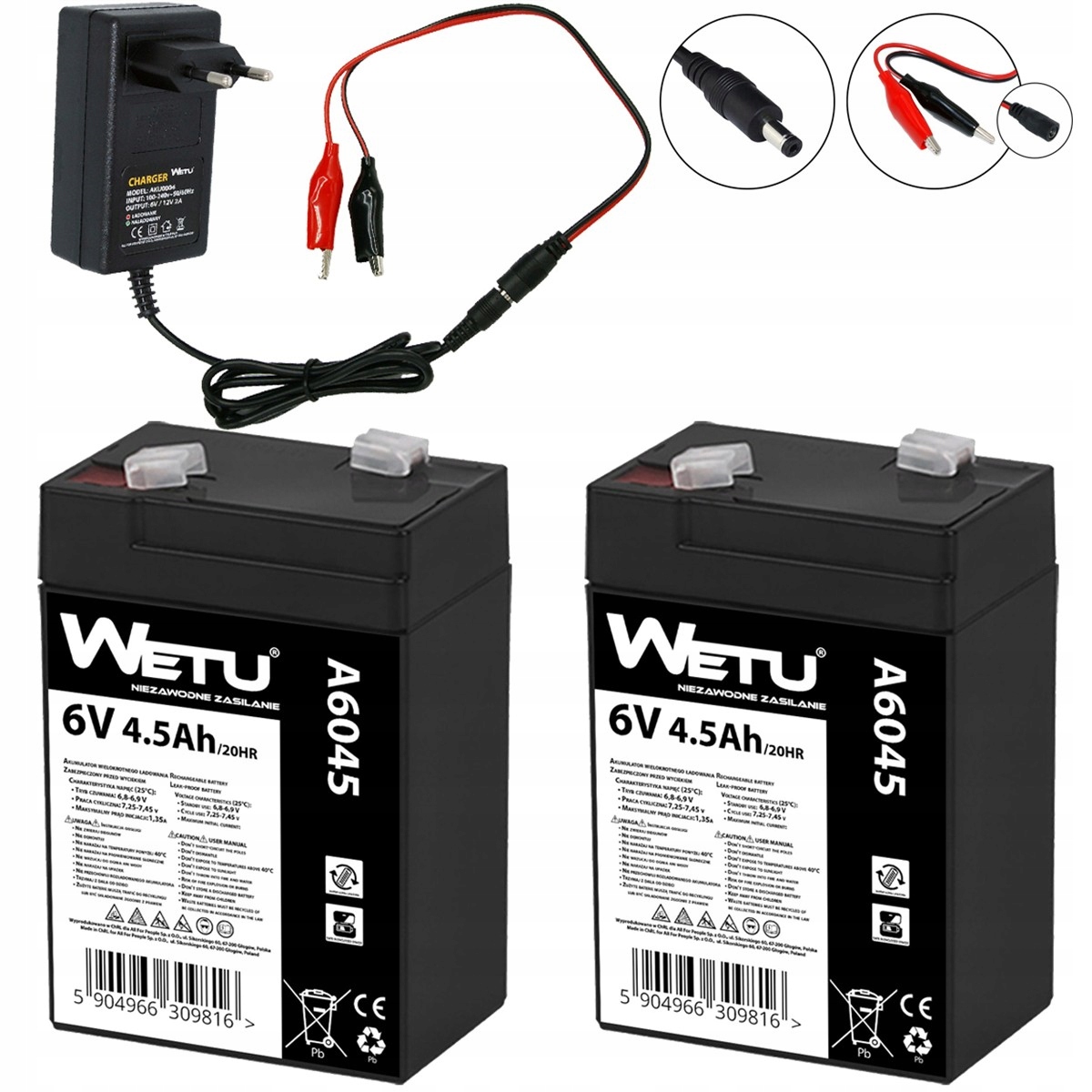 Zestaw 2x akumulator 6V 4.5Ah zamiast 4.0Ah Ładowarka 12V i 6V Wetu
