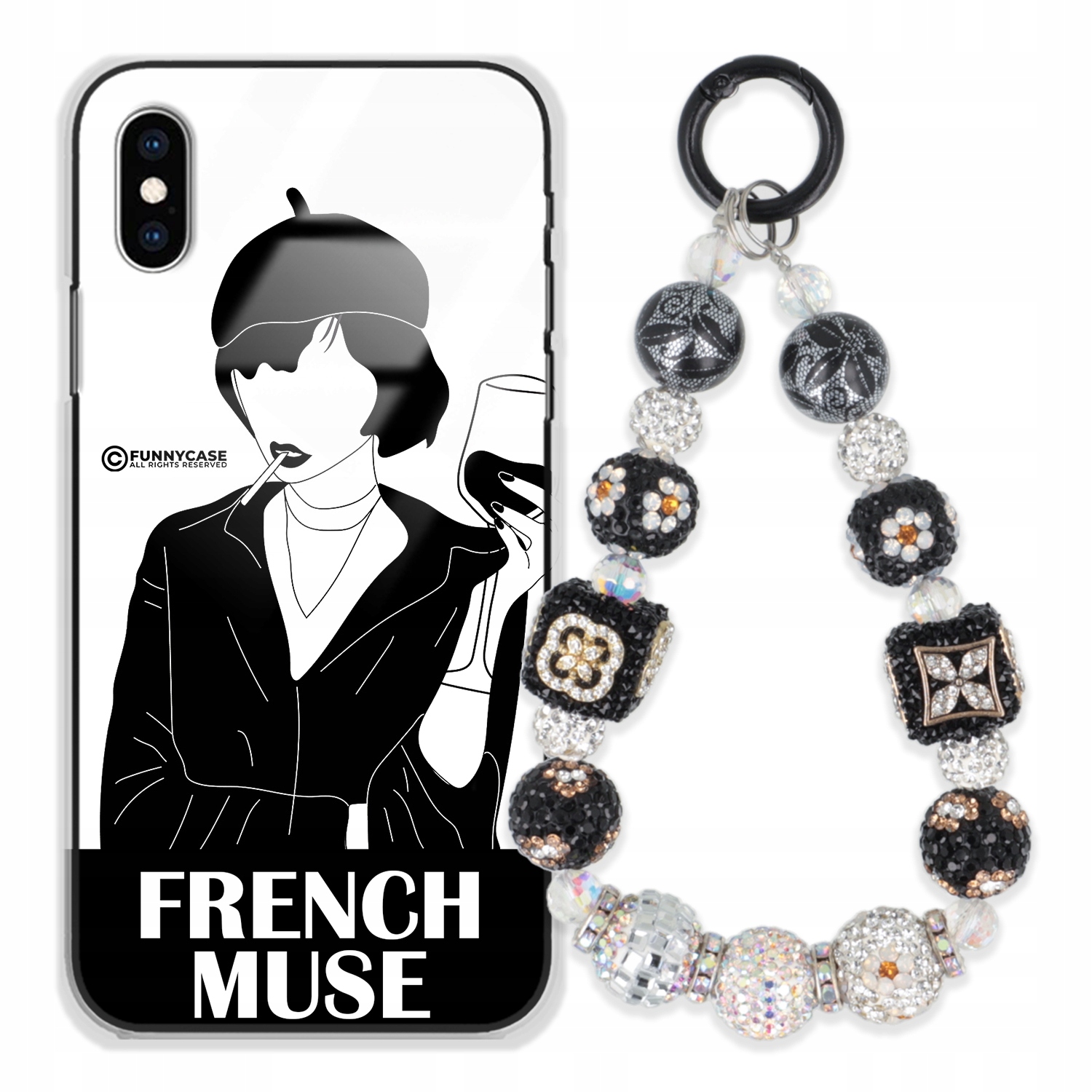 Puzdro Na Iphone Xs Glass Ženské Čierno-biele Prívesok Strieborný, Zirkónový Vzor