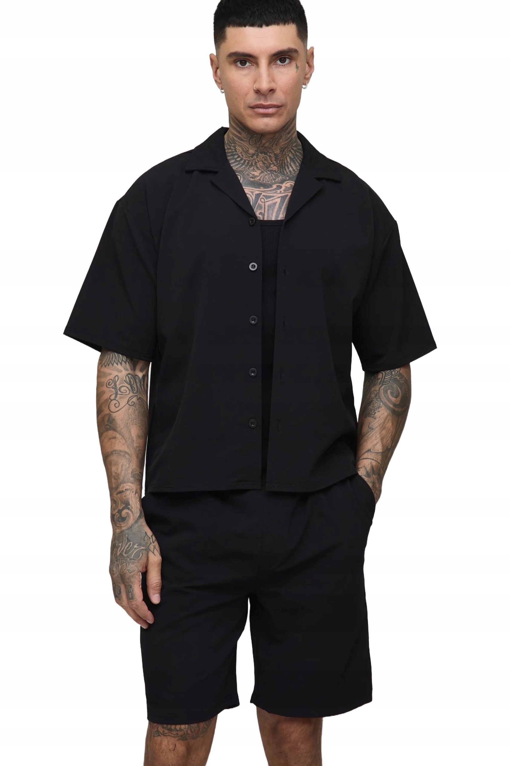 Boohooman Černý Komplet Pánská Košile S Krátkým Rukávem A Šortky M Z3A