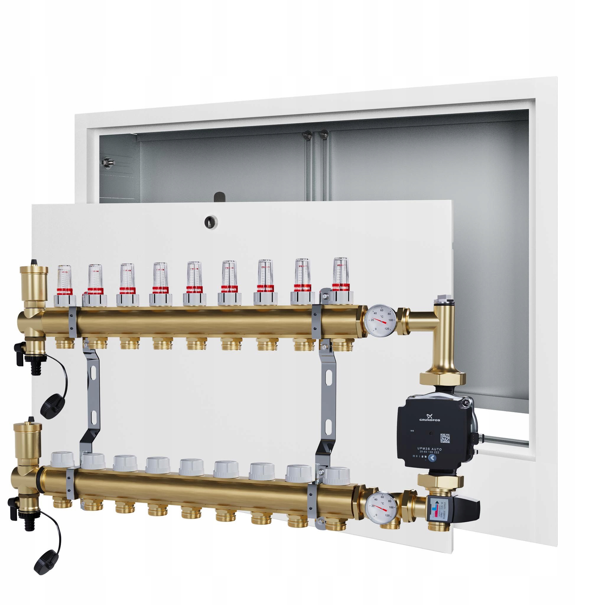 Rozdělovač pro podlahovku 9 s čerpací skupinou Grundfos podomítková skříňka