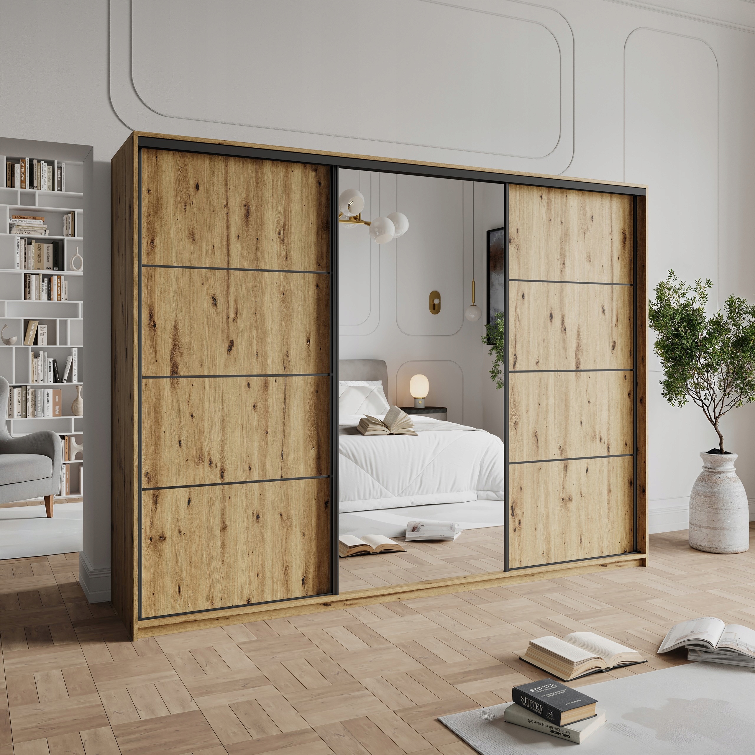 Skříň Třídveřová Varo 270 cm se zrcadlem Zásuvky Artisan Černá