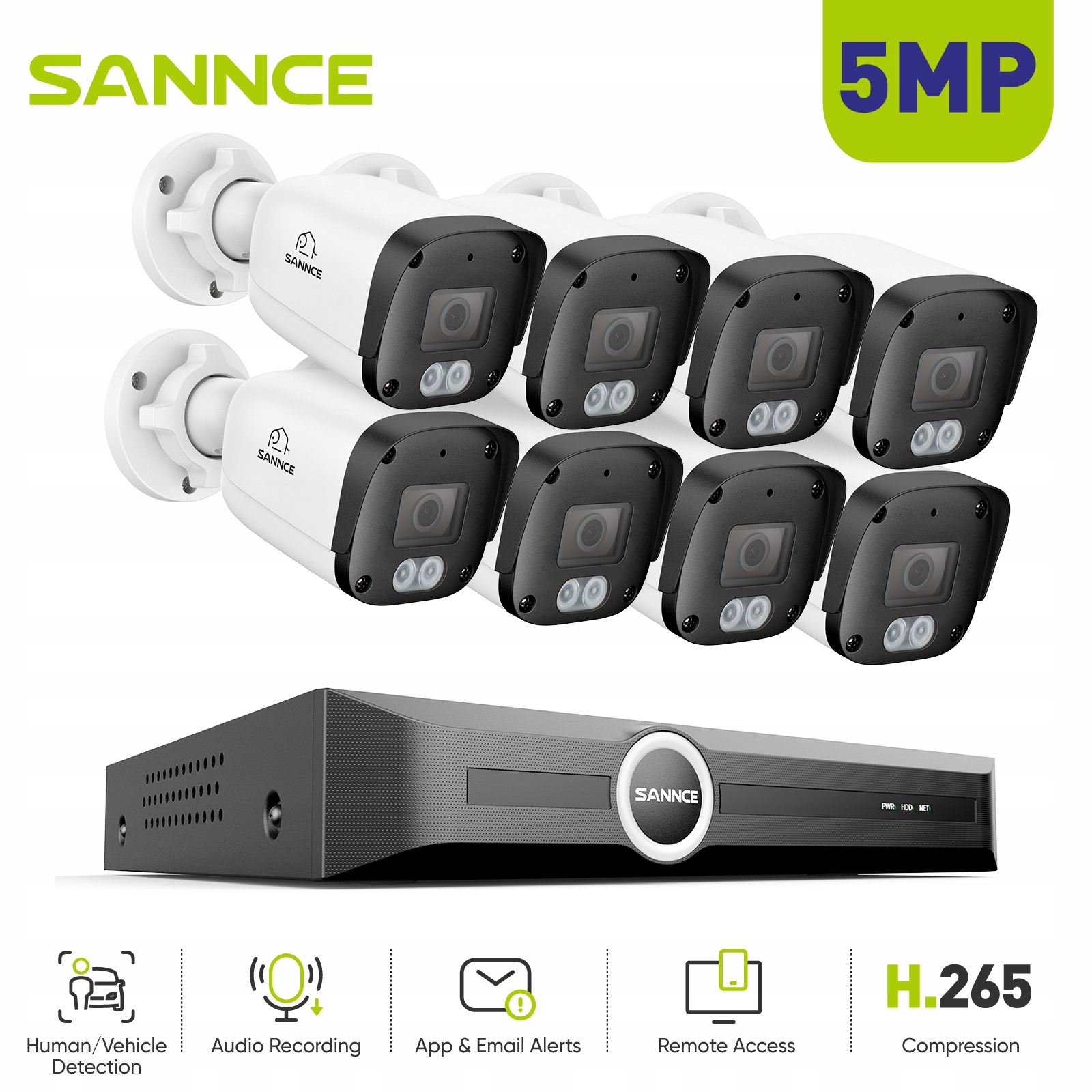 SANNCE 5MP Night Vision Security Smart PoE Zestaw kamer sieciowych IP67 8Pcs