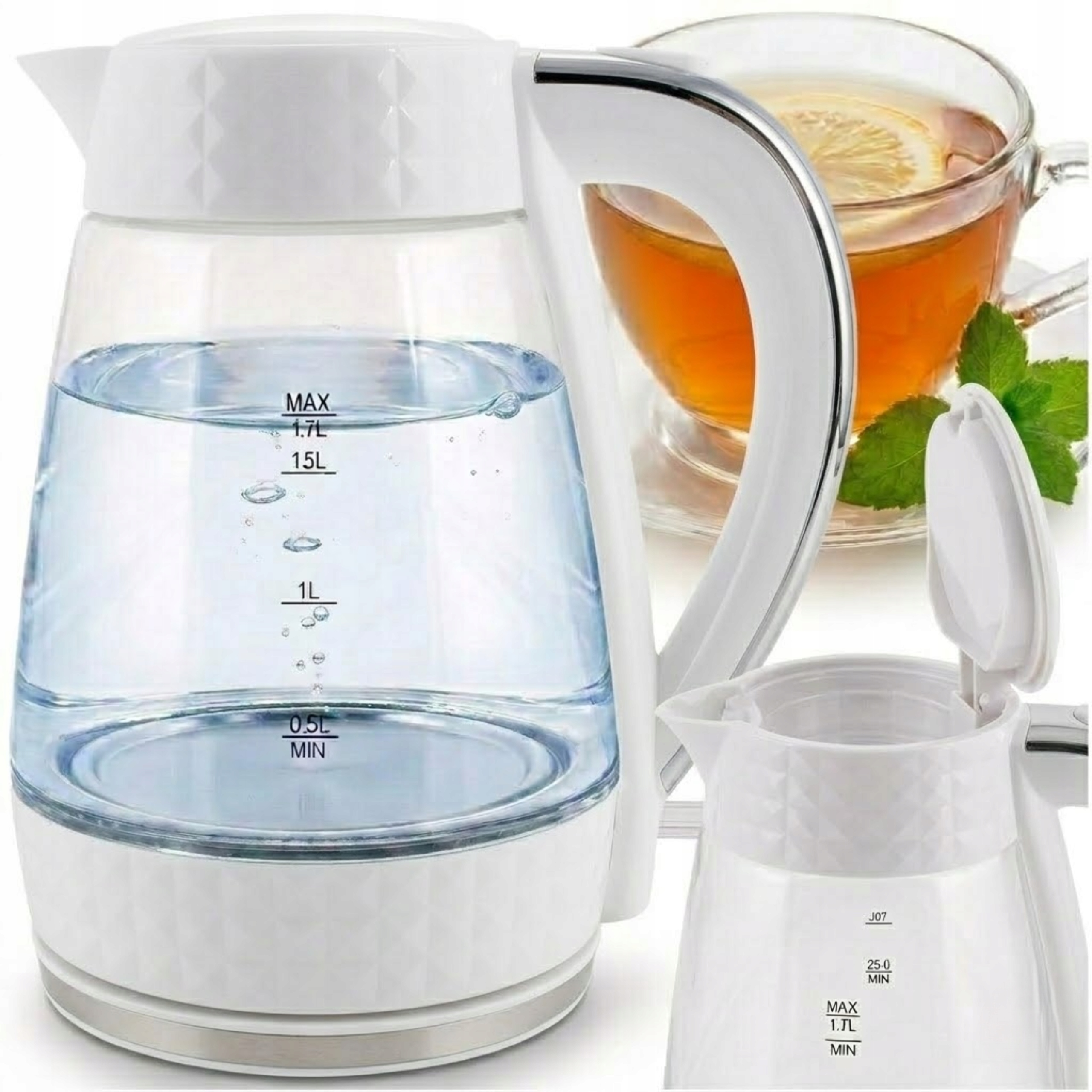 Czajnik Elektryczny Szklany Bezprzewodowy Cichy Łucznik 1,7L 2200W Biały