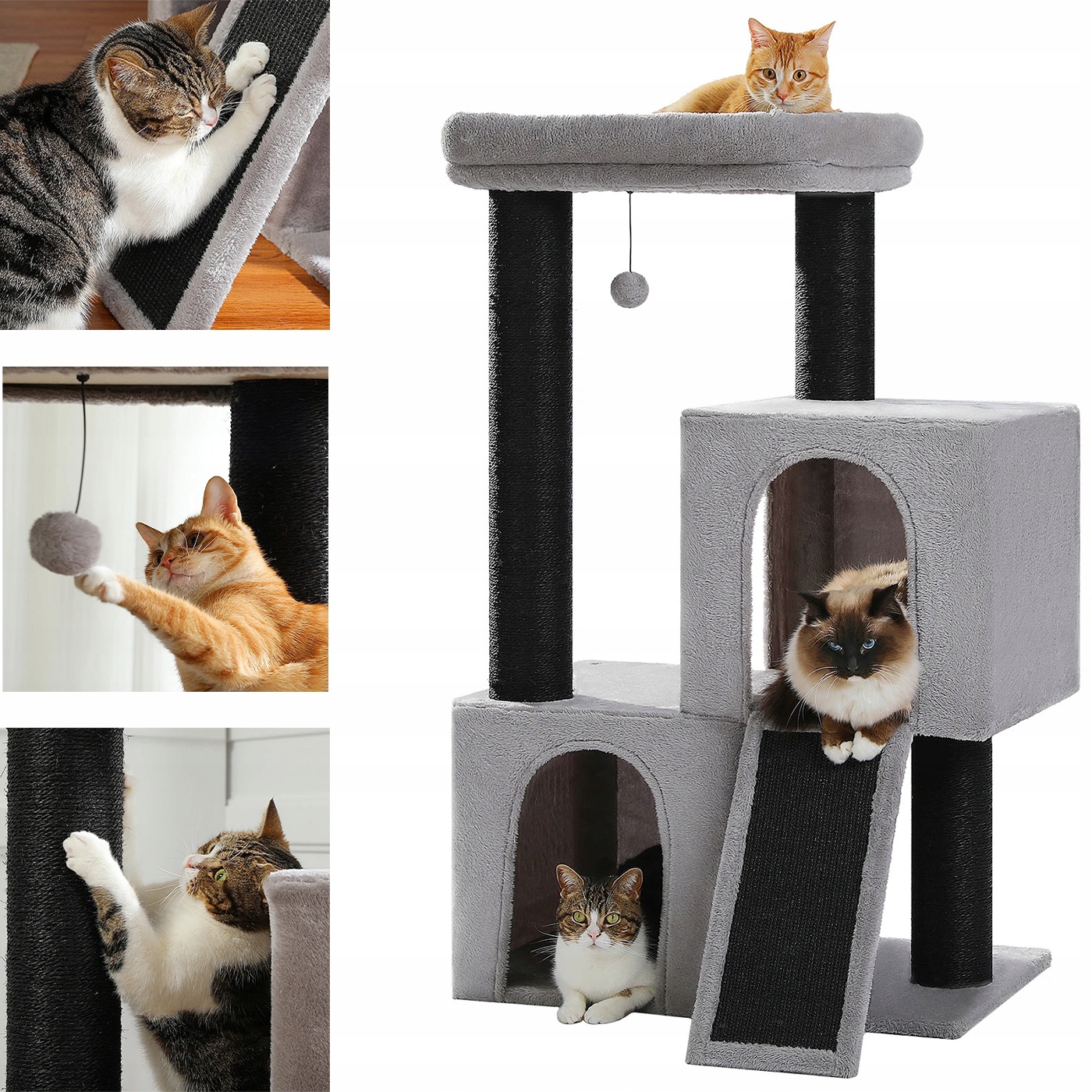 Škrabadlo pro kočky XXL Velká stabilní věž Domeček 114 cm Tlusté sloupky 11 cm Šedá