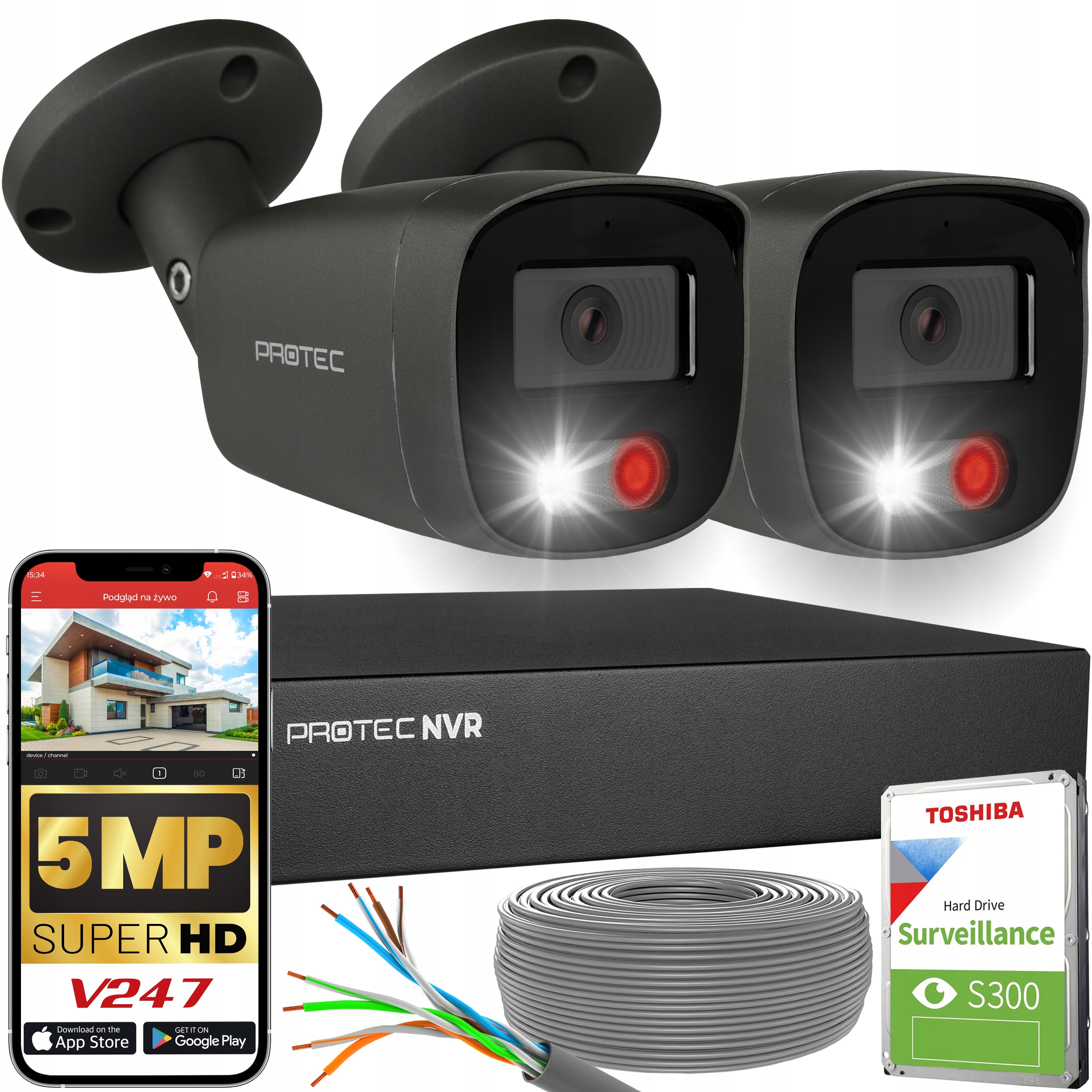 Sada pro monitorování 2 Ip kamer PoE 5Mpx, grafitová detekce lidí, Hdd
