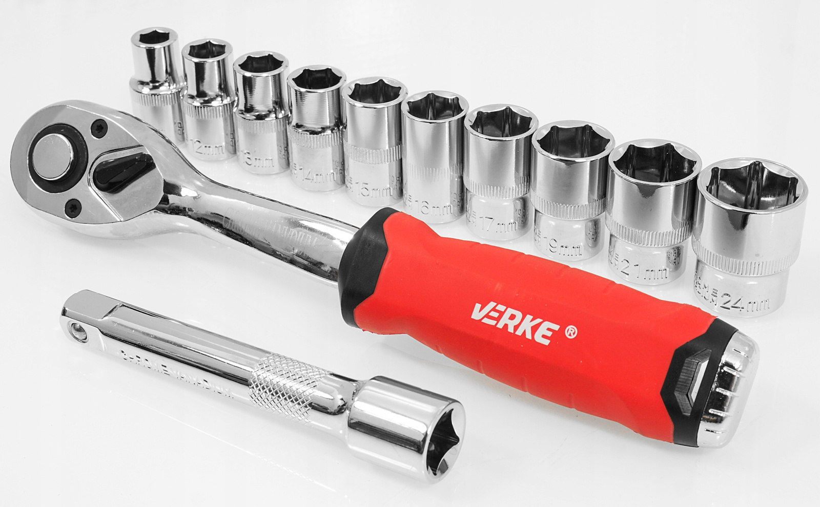 VERKE V39096 ZESTAW KLUCZY NASADOWYCH Z GRZECHOTKĄ PRZEDŁUŻKA 1/2" 12EL 72T Marka Verke