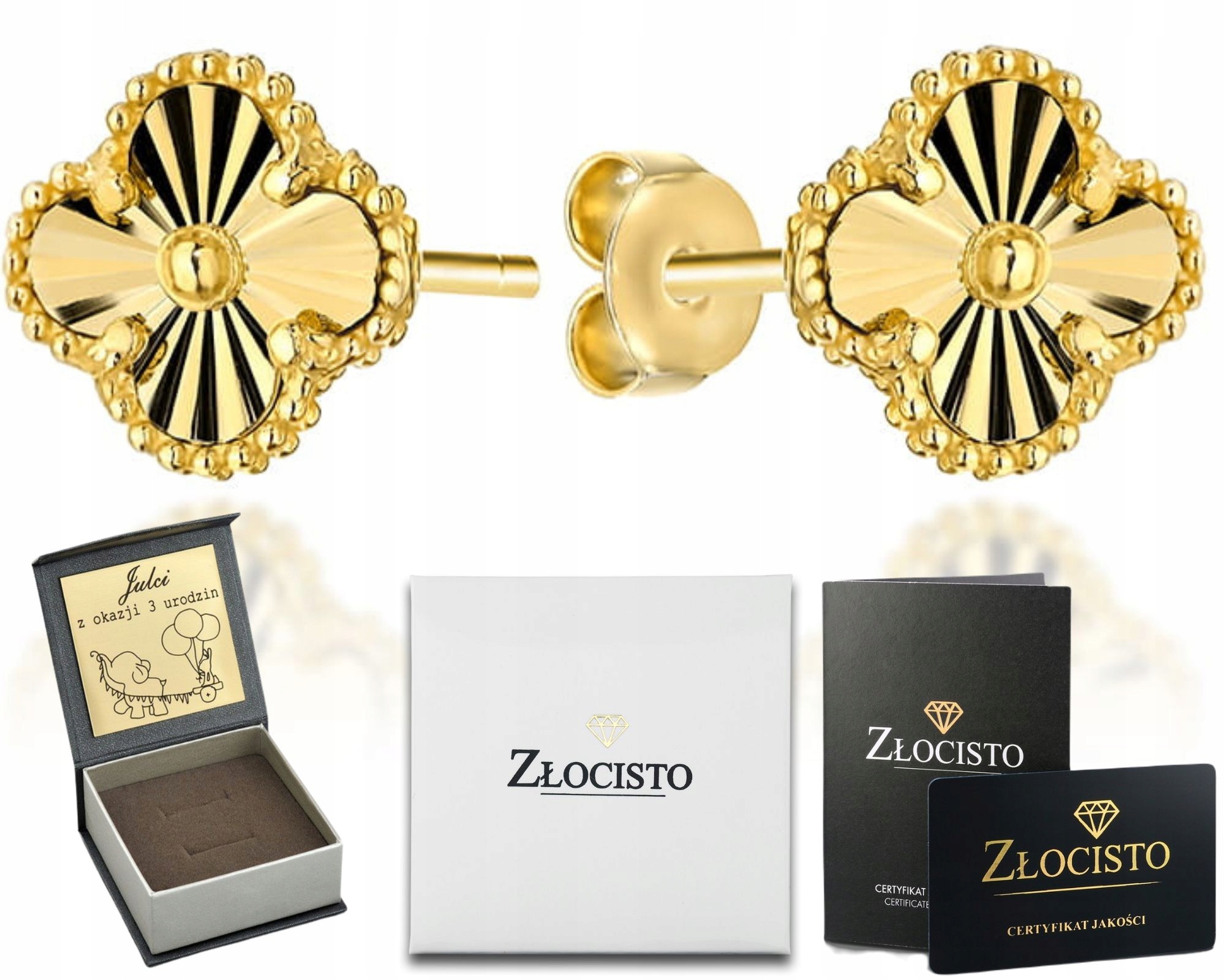Zlaté Náušnice S Diamantovou Čtyřlístek Ve Zlaté Ryzosti 585 Jako Dárek K Gravírování