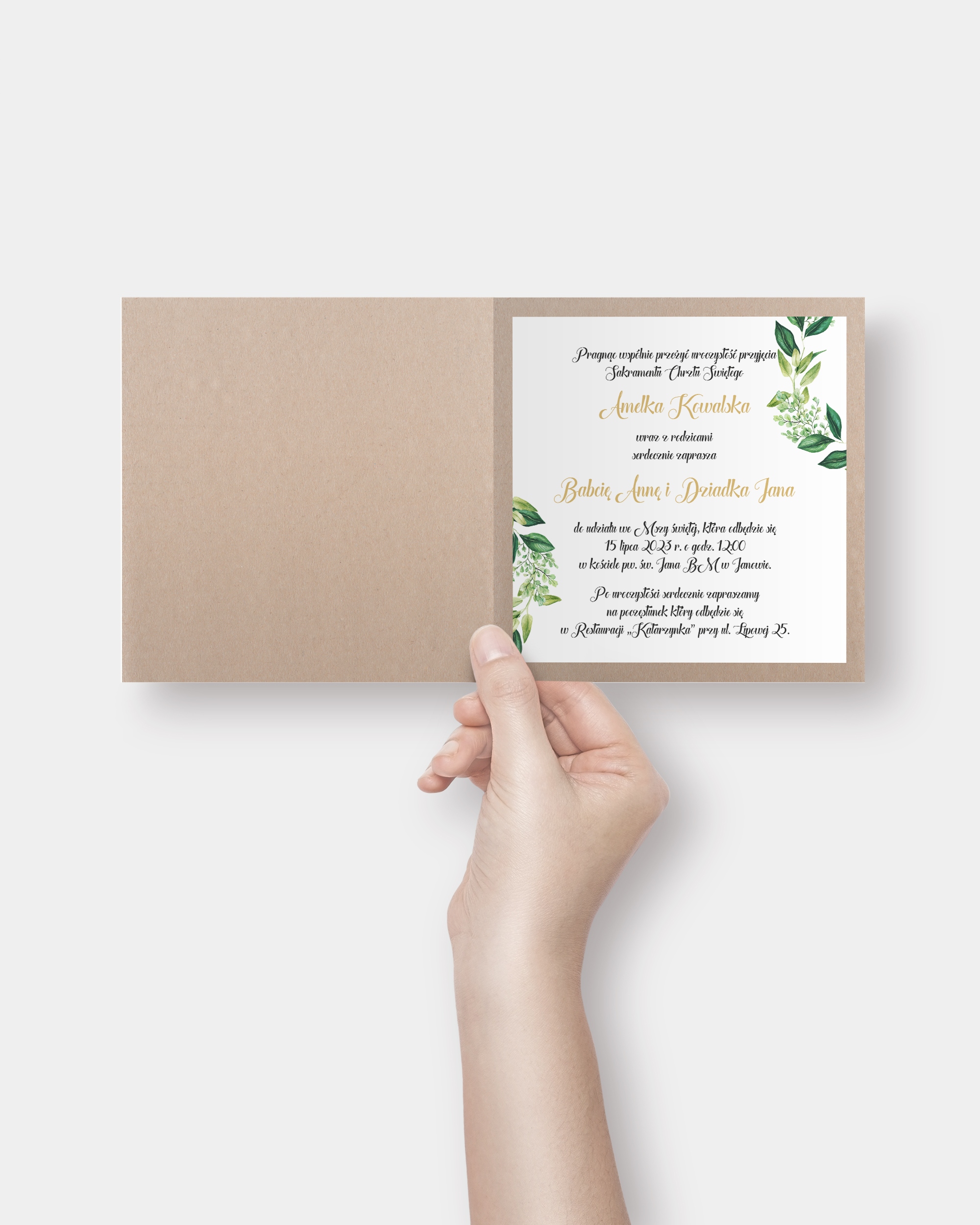 Zaproszenie na chrzest personalizowane „Flower Green Feet Eko” Kolor dominujący wielokolorowy