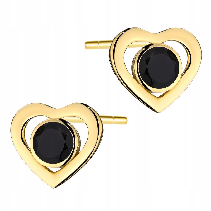 Krásné Zlaté Náušnice pr. 585 Srdce s černou zirkonií uprostřed 14k