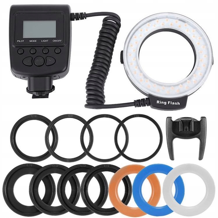 Lampa PIERŚCIENIOWA BŁYSKOWA 2w1 LCD MAKRO CM-RFD Do aparatów marki Uniwersalna