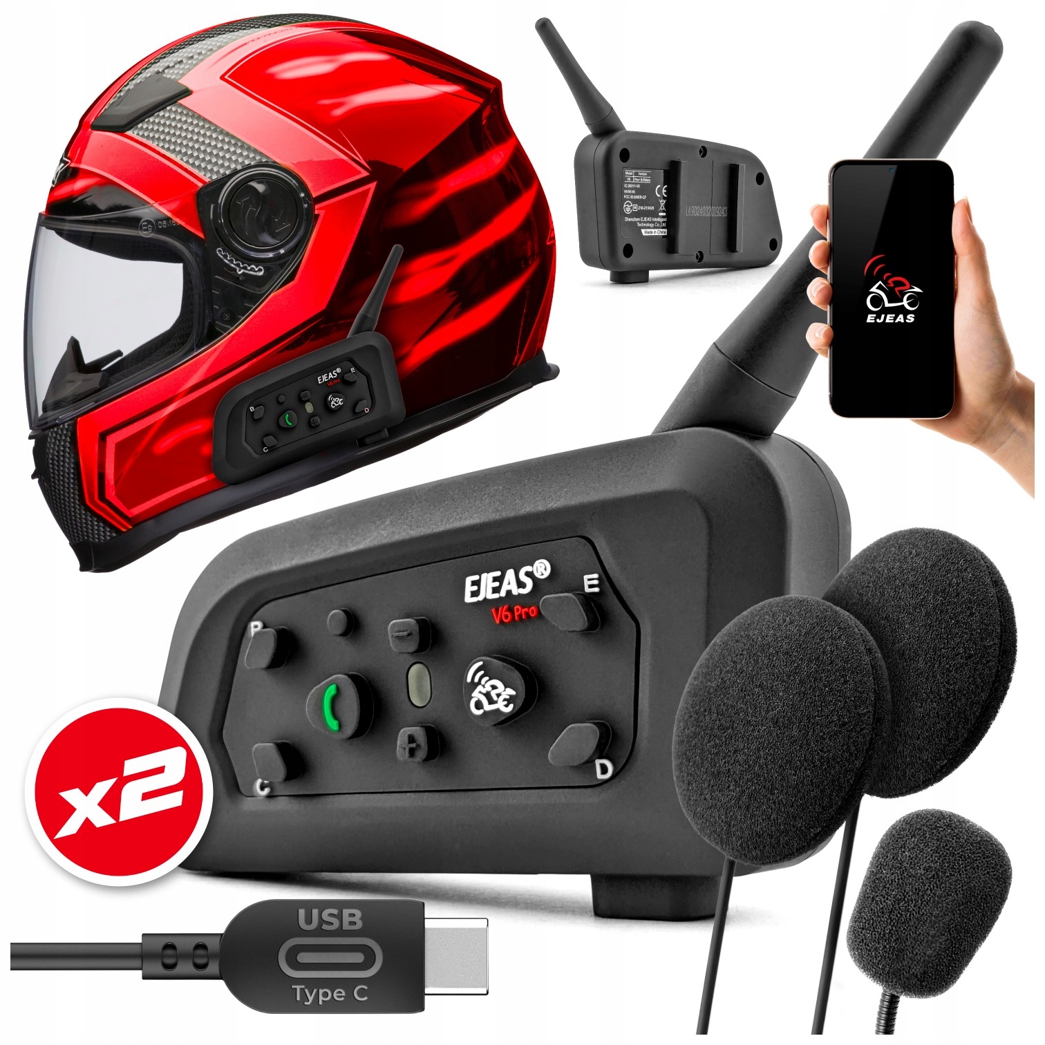 Motocyklový interkom Ejeas V6 Pro+ Plus 2 prilby Usb-c Bluetooth Aplikácia