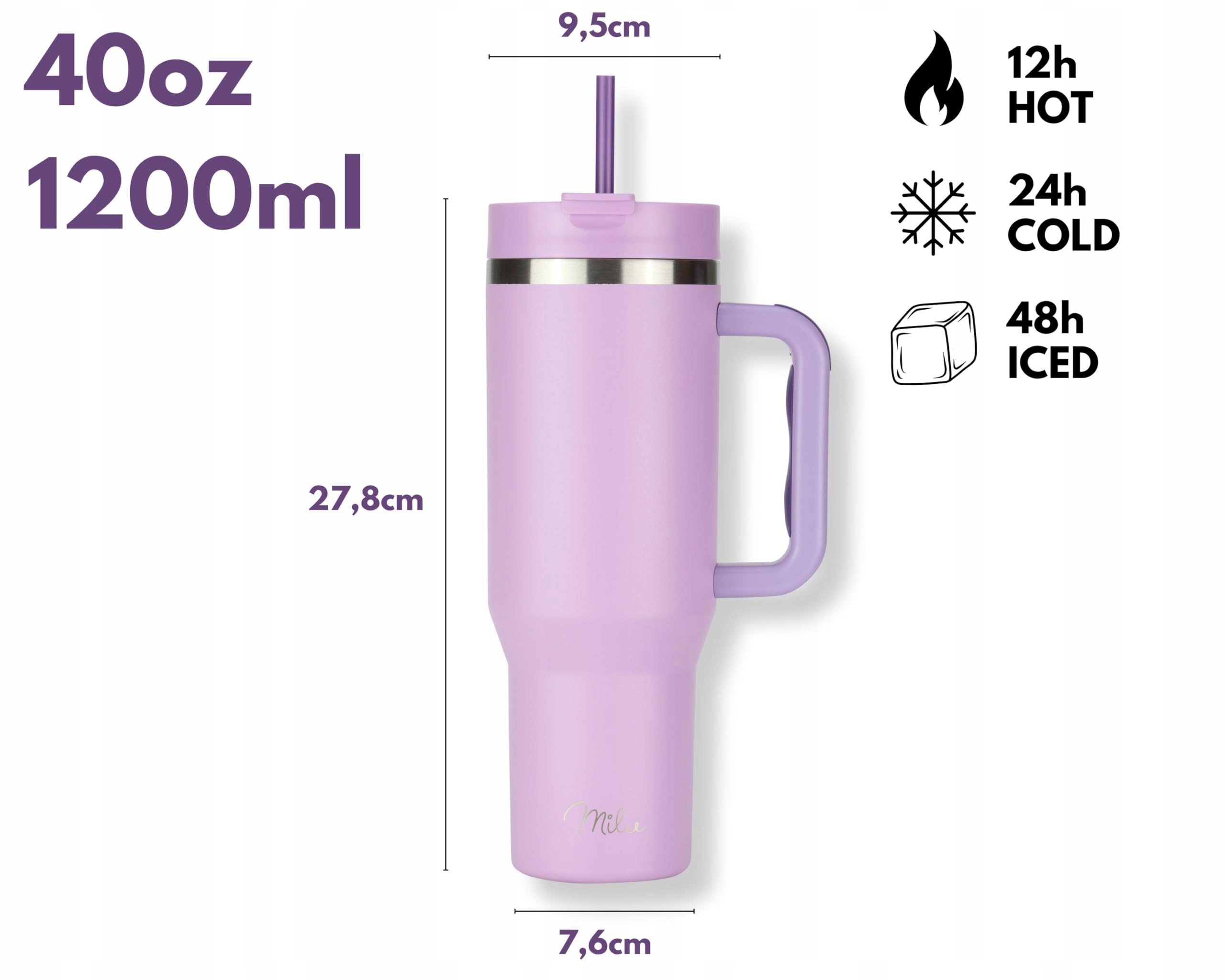 MILU Kubek Termiczny 1200ml Słomka Uchwyt Stal Nierdzewna 40oz Lilac — miniatura 4
