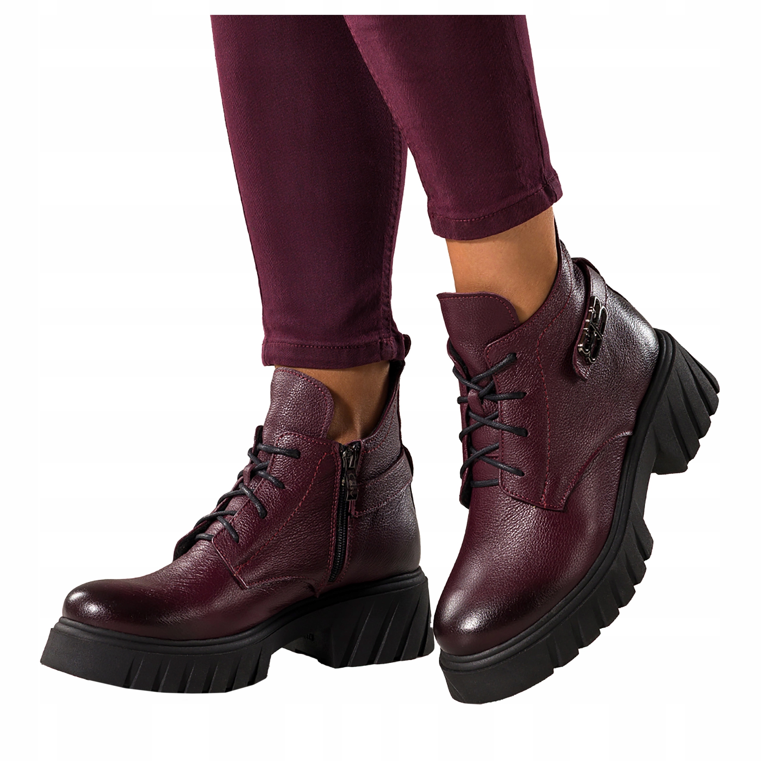 Kotníkové Boty Bordové Kožené Dámské Pohodlné Ocelové Šněrovací Ozdoba Módní velikost 38