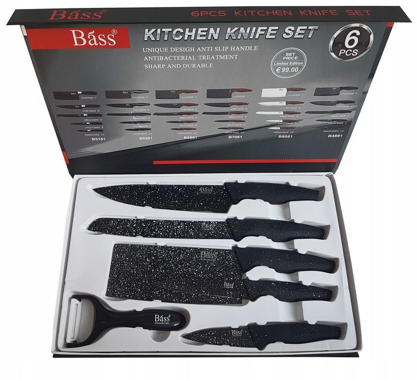 NOŻE KUCHENNE zestaw noży kuchennych 6 elem TASAK OBIERACZKA DO WARZYW Marka Bass