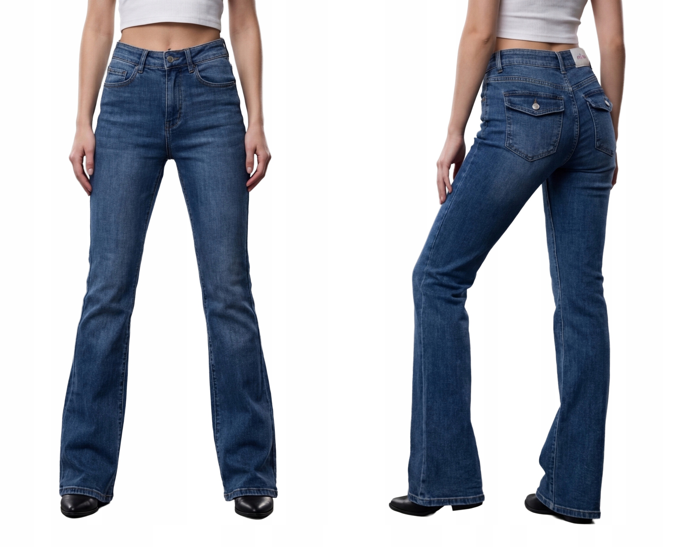 Spodnie Damskie Jeansy Dzwony Szerokie Flare Elastyczne Niebieskie L