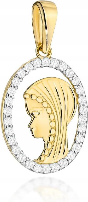 Zlatý medailonek ovál 585, obraz Panny Marie v oválu s zirkony 14K