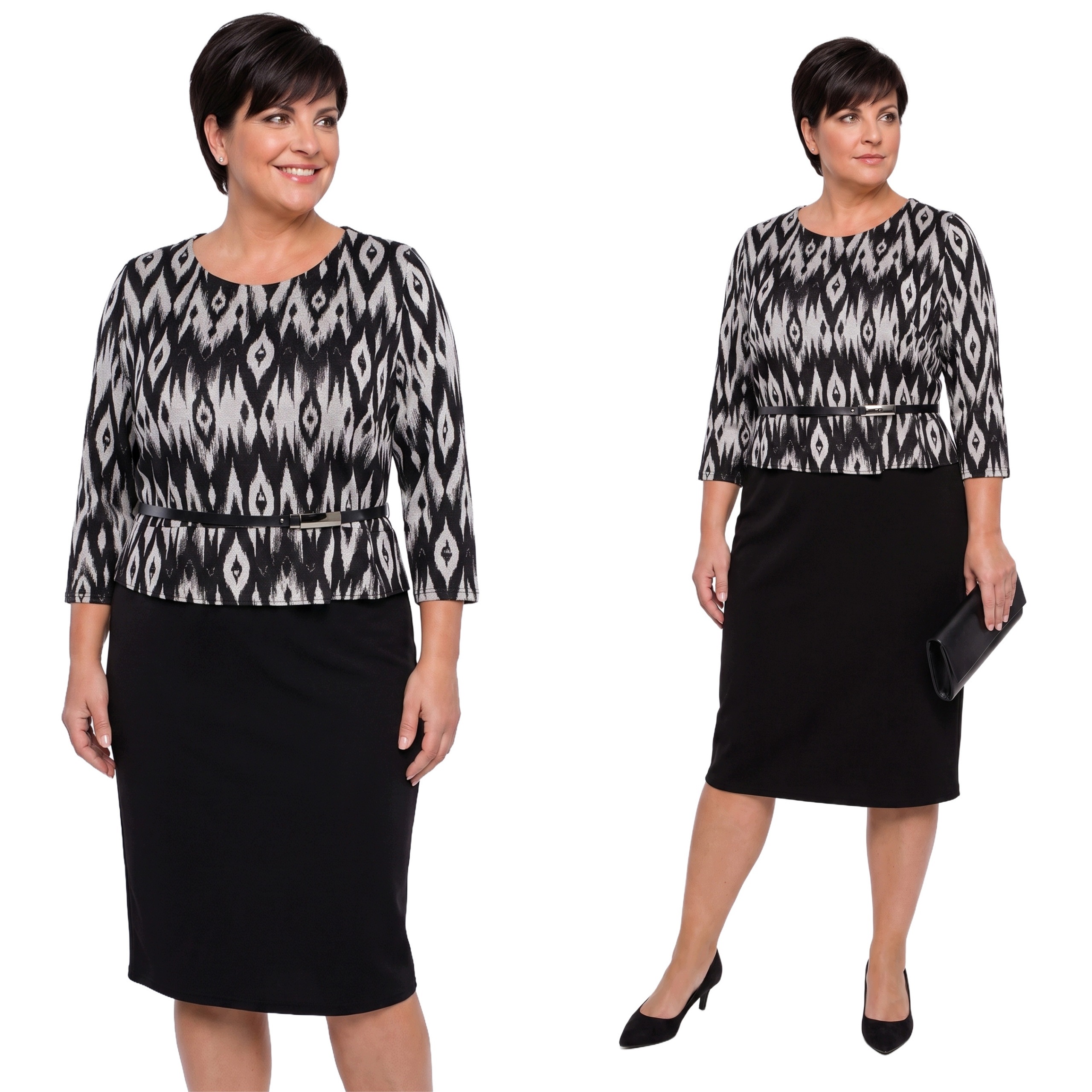 Černá šaty s jasným vzorem a páskem plus size velikost 62