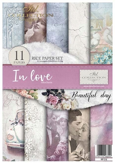 Sada 11 rýžových papírů A4 pro decoupage RP016 In Love