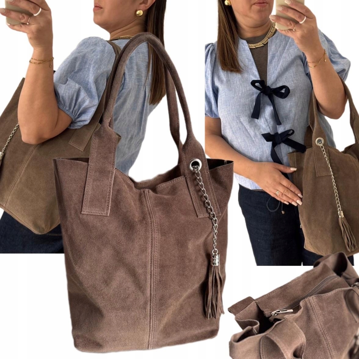 Dámská Kabelka Dárek Na Velikonoce Taška 100% Kožená Semišová Hnědá A4