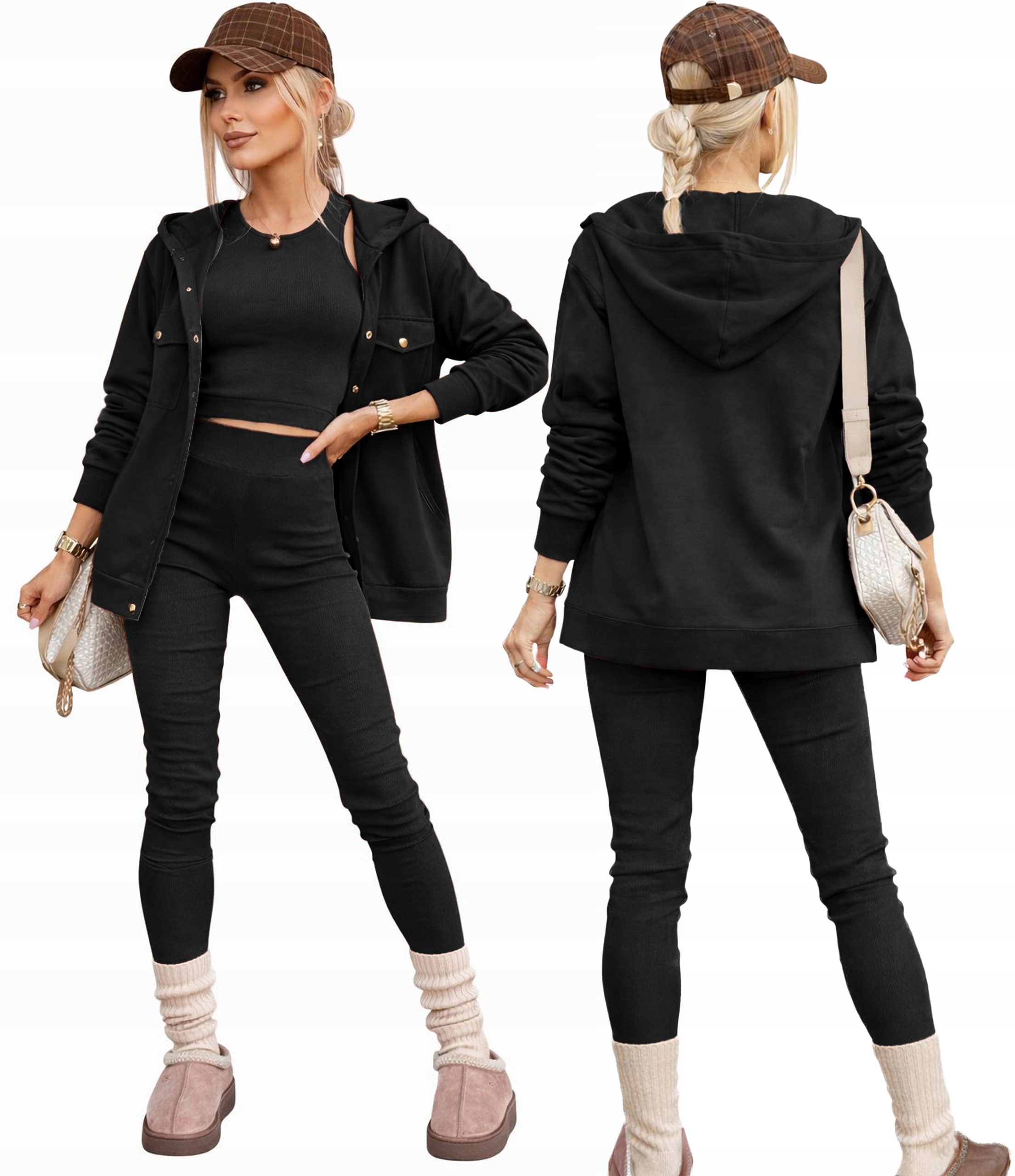 Bawełniany Komplet Dresowy damski prążkowane legginsy top bluza XL Zibi