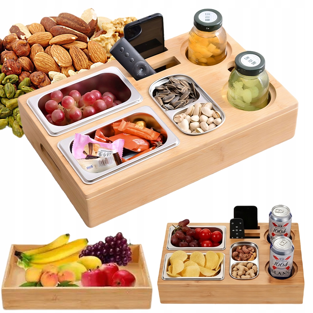 Dřevěná Krabička Organizéru 40 X 26 CM S Ocelovými Nádobami Na Svačinu