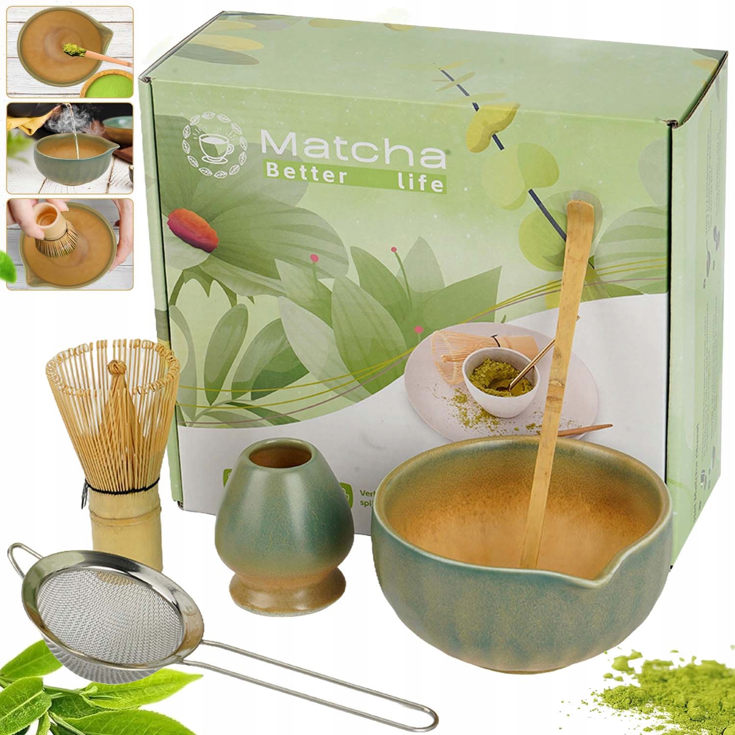 Levně Keramická Sada Na Výrobu Matchy Šlehací Metla Lžíce Prosévač Matcha 5V1