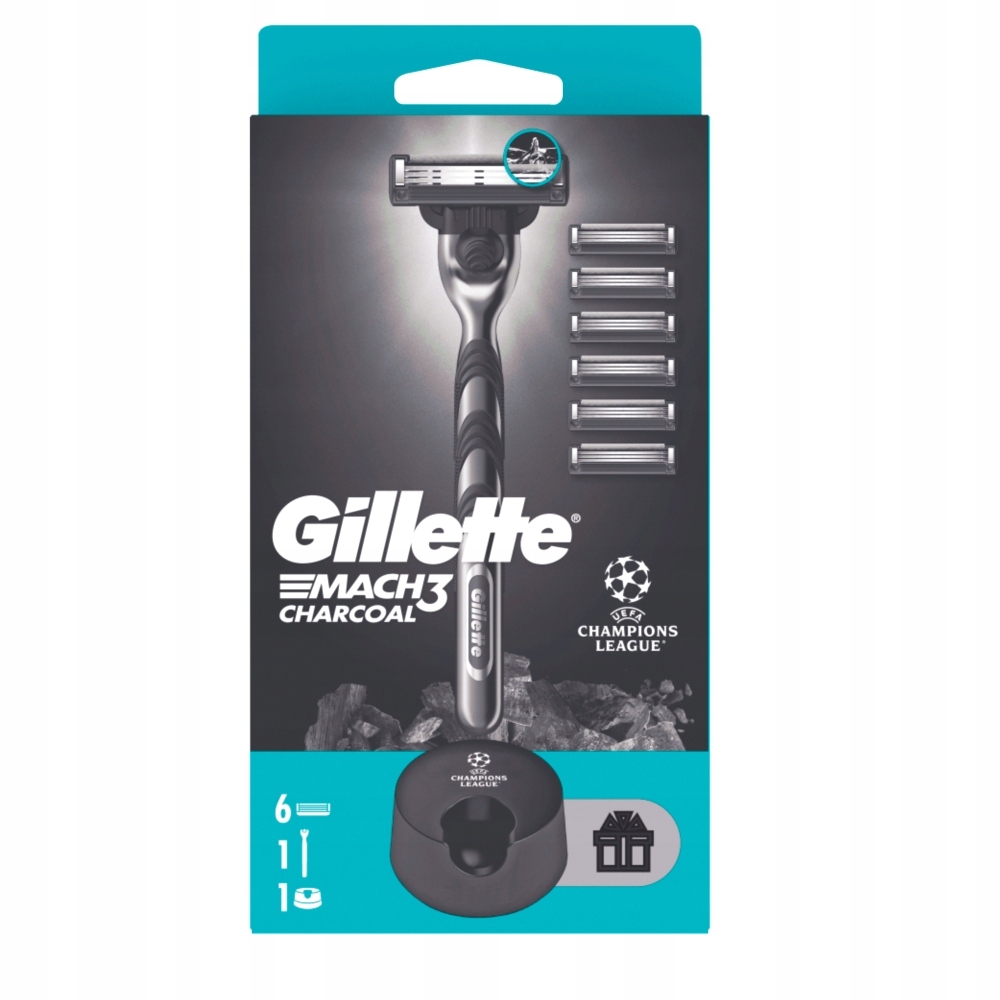 Maszynka do golenia Gillette Mach3 Charcoal, 6 ostrzy wymiennych, stojak