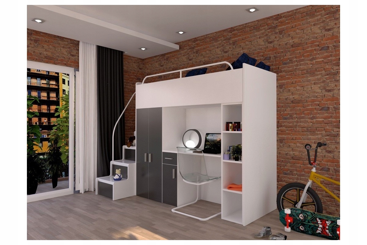 NOWOCZESNE ŁÓŻKO Z BIURKIEM JENNY BARIERKA SCHODY Kod producenta 125x180x245