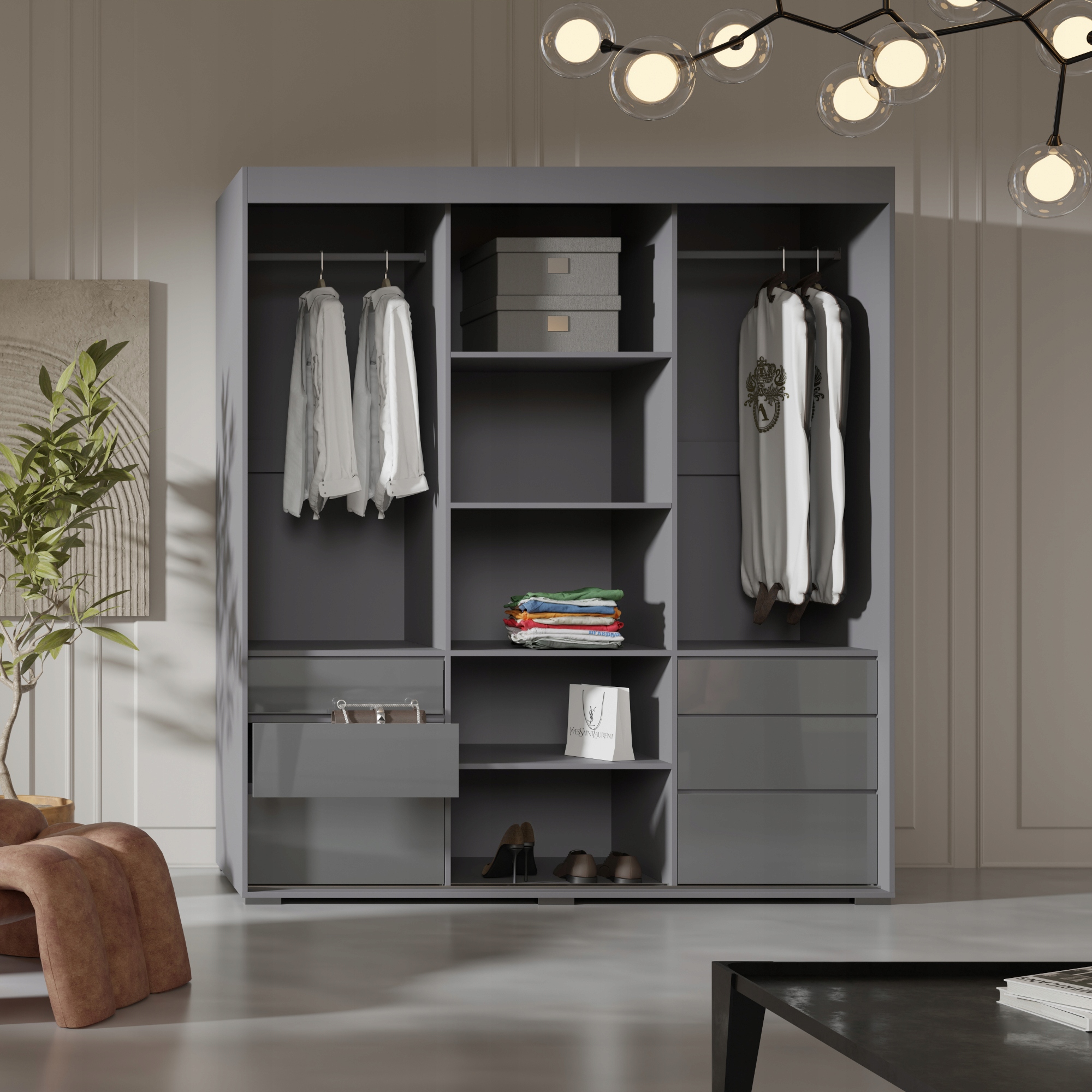 Szafa przesuwna z szufladami Torino 3D 180 Szara (lacobel)