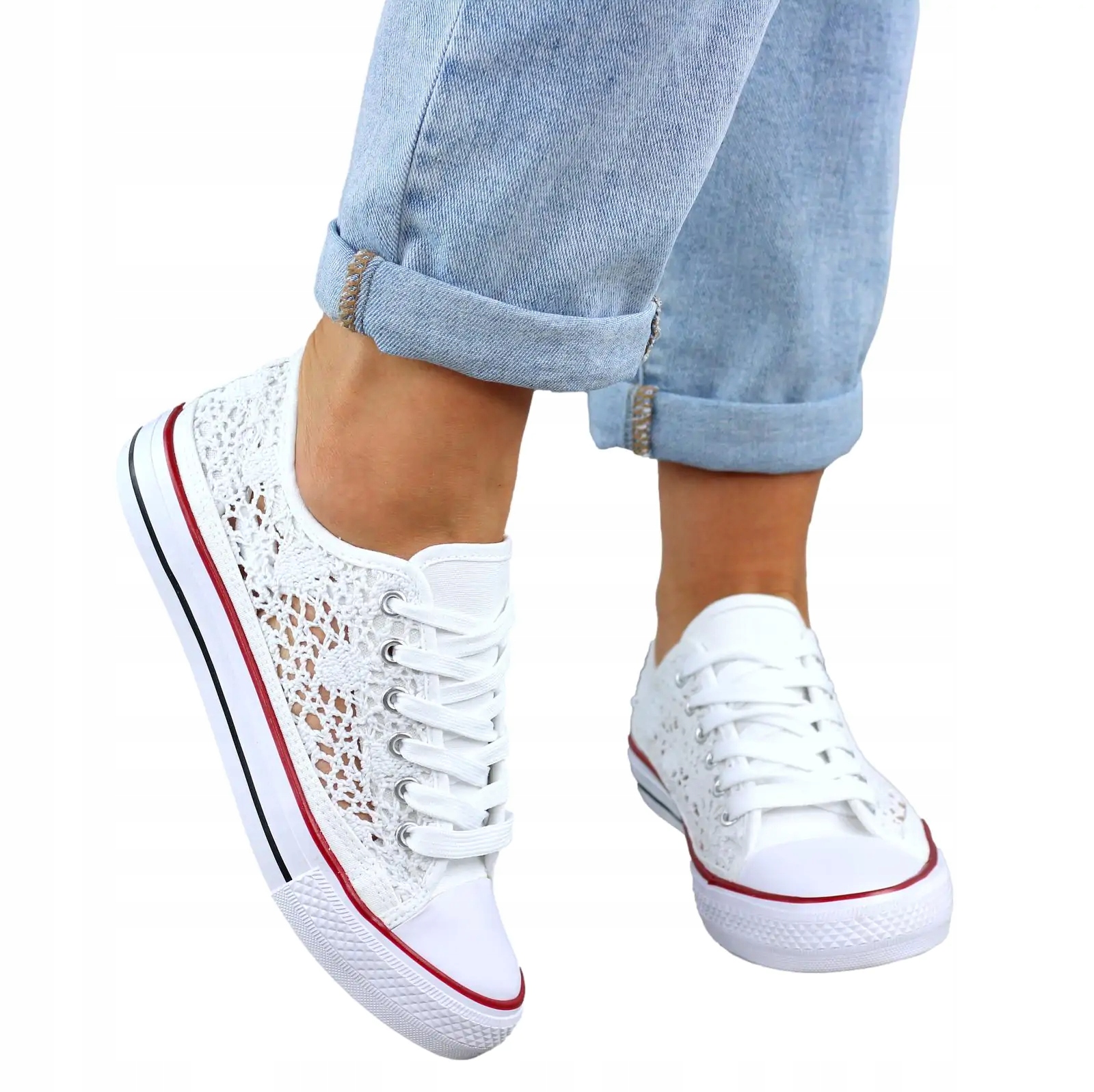 Białe Materiałowe Tenisówki Trampki Damskie z Koronki Kanwia 39