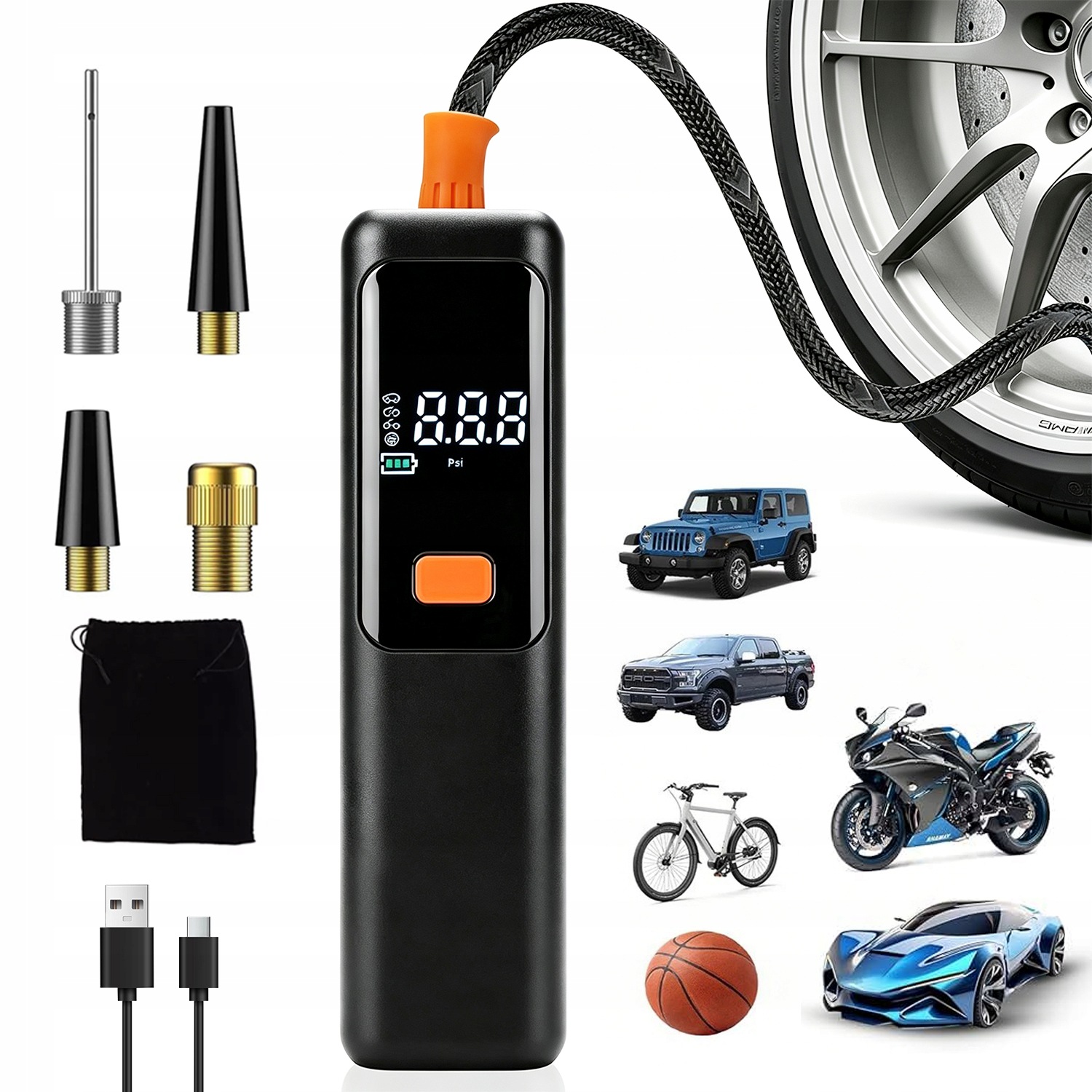 Elektryczna Pompka Kompresor Rowerowa Samochodowy 4500MAH 4 Dysze Uniwersal