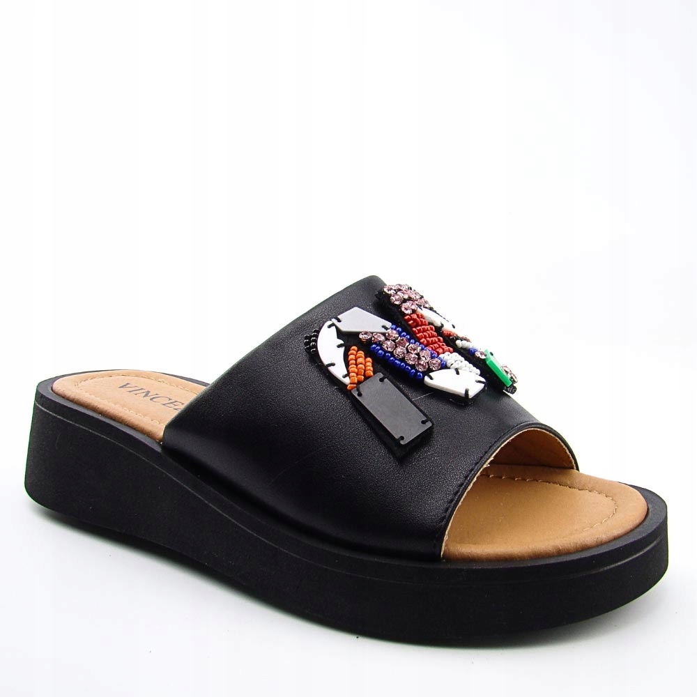 Vinceza 66623 damskie klapki skórzane na koturnie czarne 38