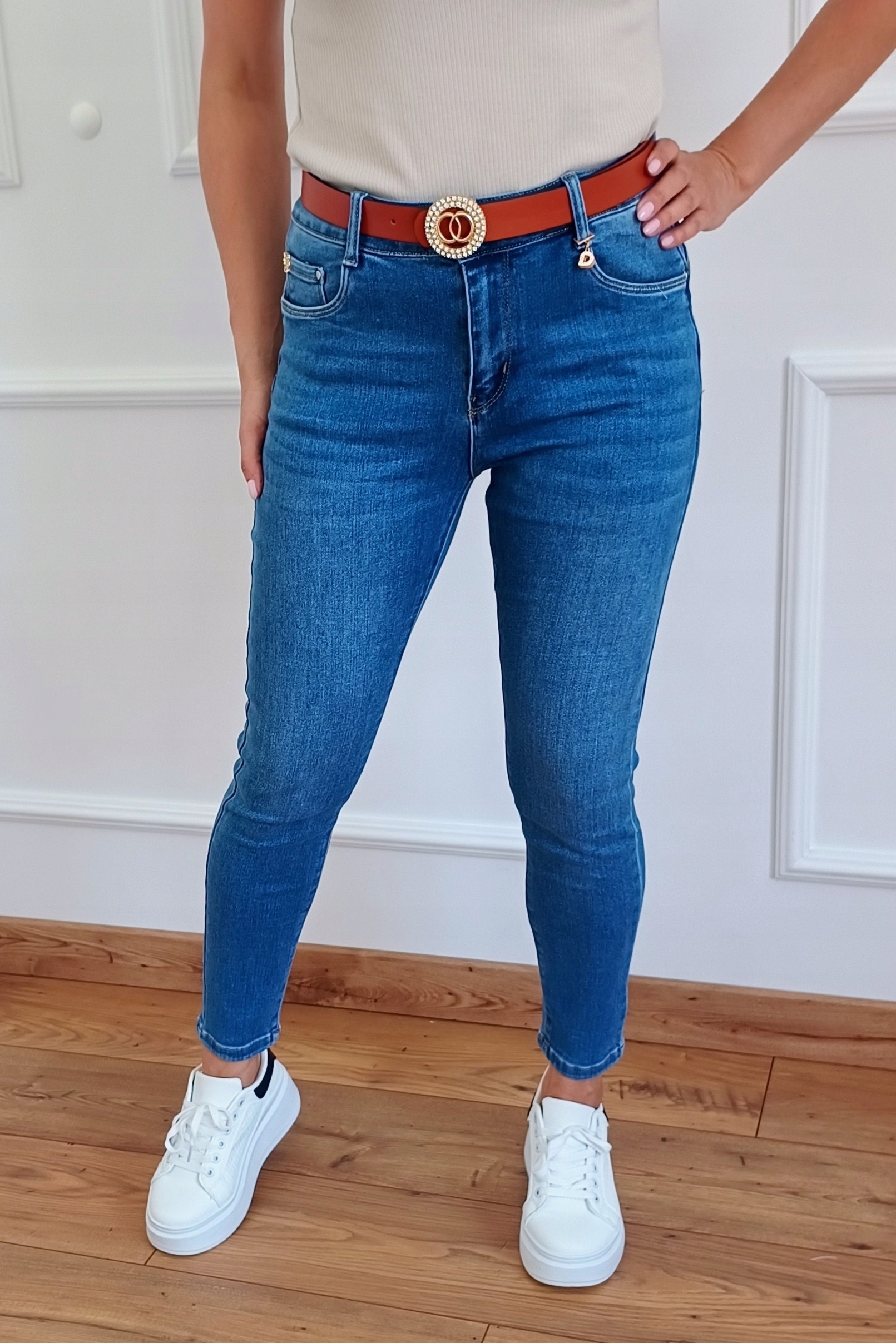 MS13 MODNE Jeansy M.SARA Push Up Z PASKIEM 38 M (30) 38-50 Materiał dominujący bawełna