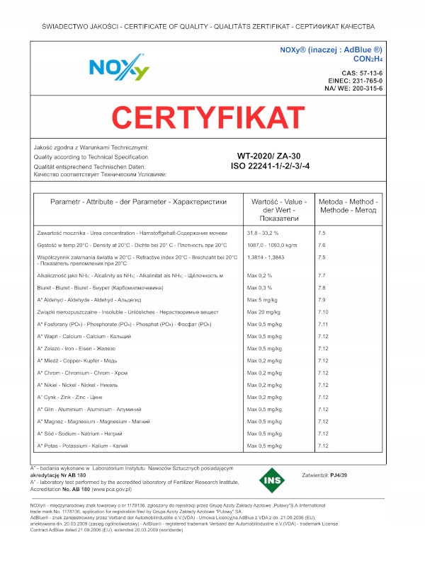 Doris NOXy AdBlue dostawa cysterną 1000L Pojemność opakowania 1000 l
