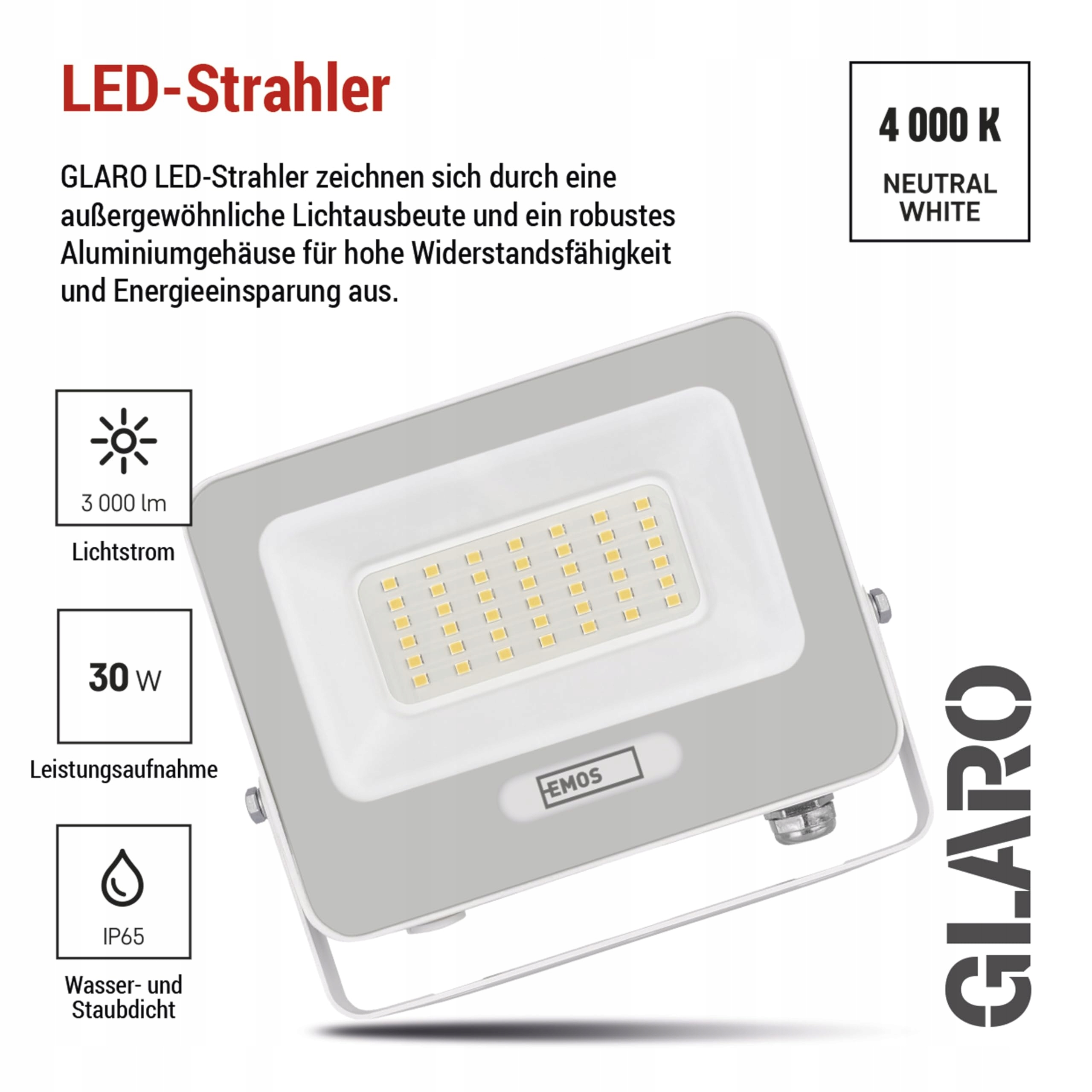 Reflektor LED GLARO Wodoodporny Zewnętrzny Jasny Neutralny Biały EMOS — miniatura 2
