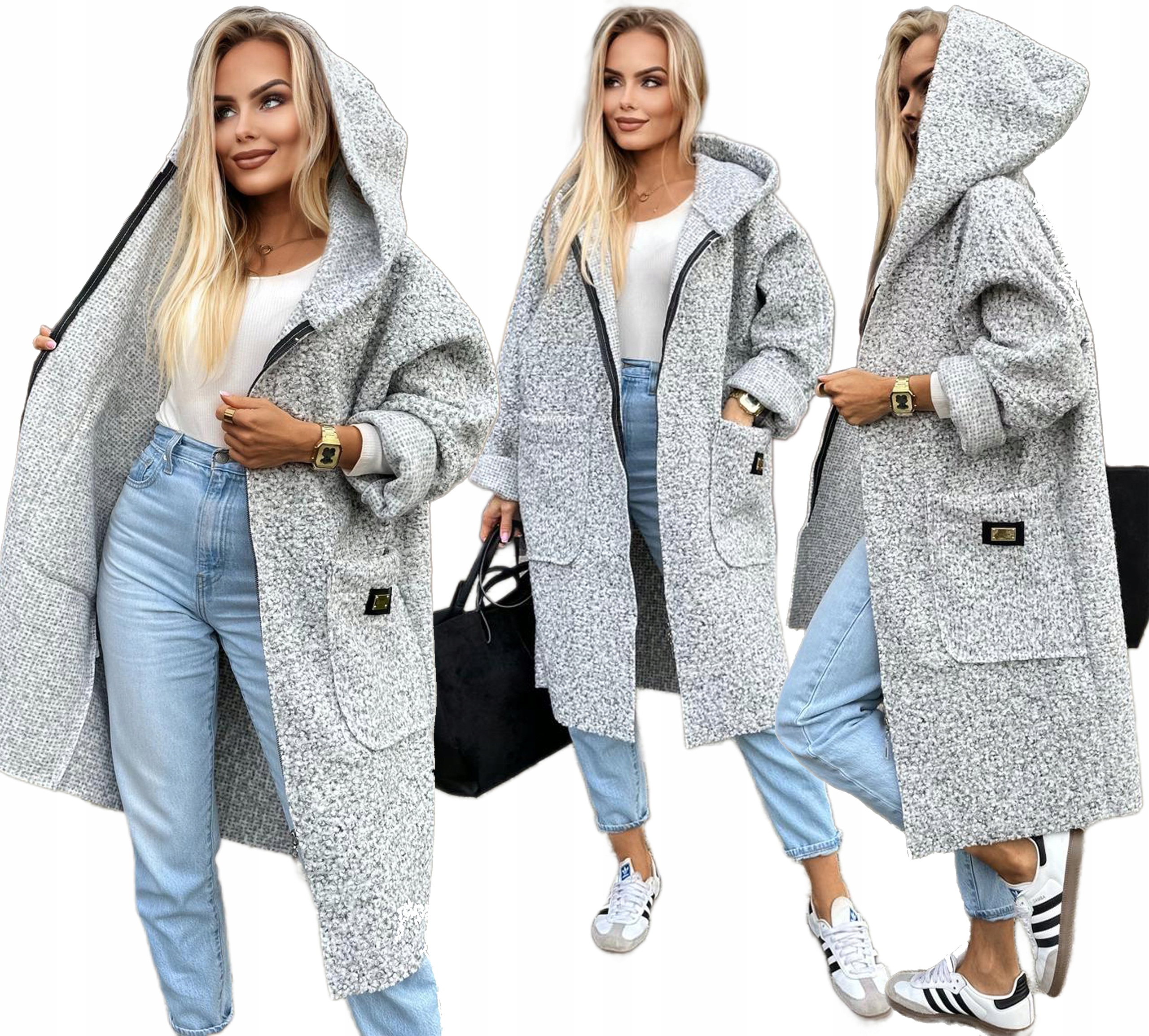 Długi mięciutki Płaszcz Damski przejściowy na zamek z kapturem boucle Gerda