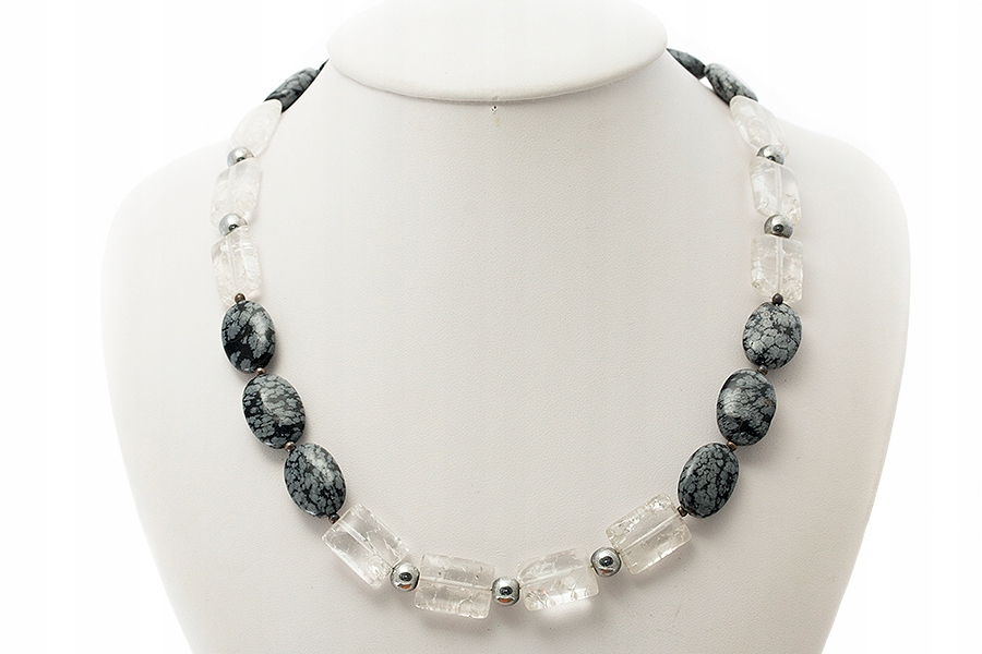 Náhrdelník Obsidián Sněžný křišťál Stříbro GNK23