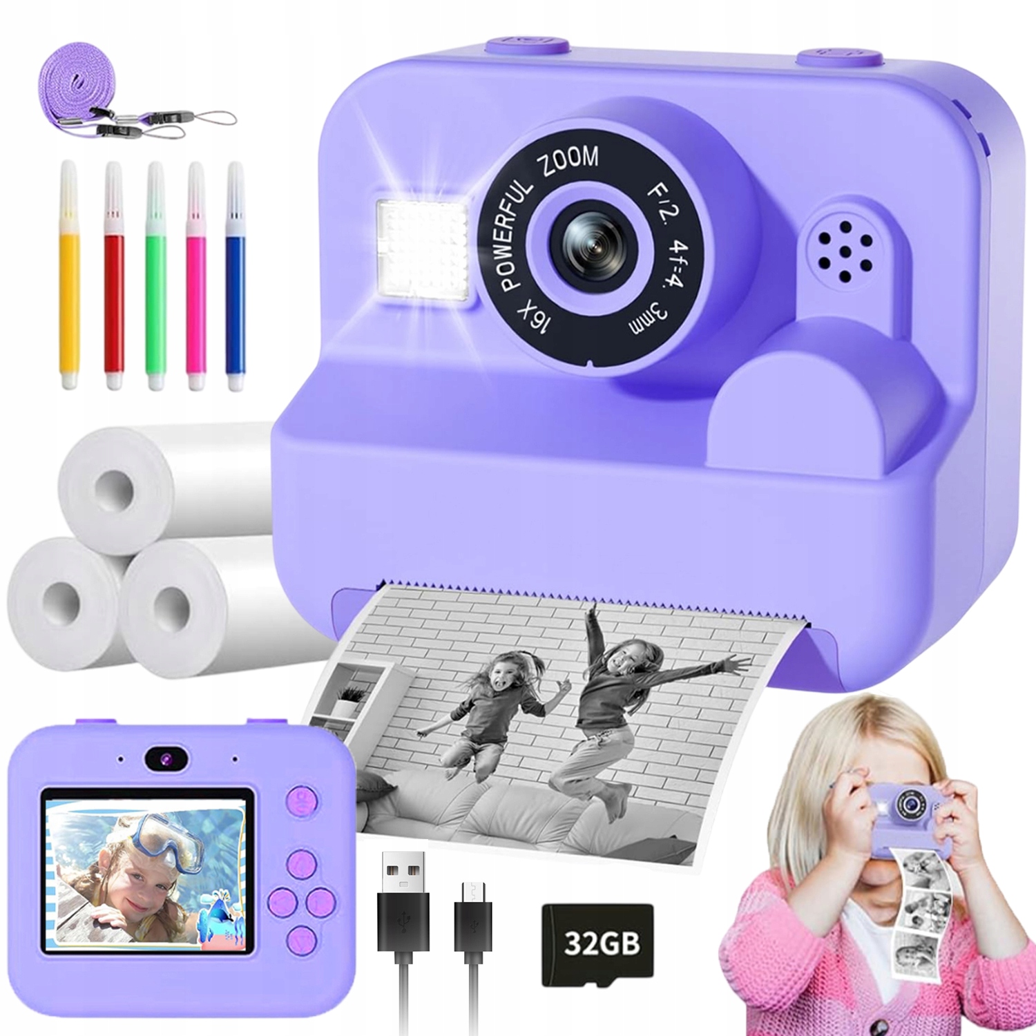 Fotoaparát Pro Děti S Funkcí Tisku 12 Mp 1080P 32 Gb Fialový
