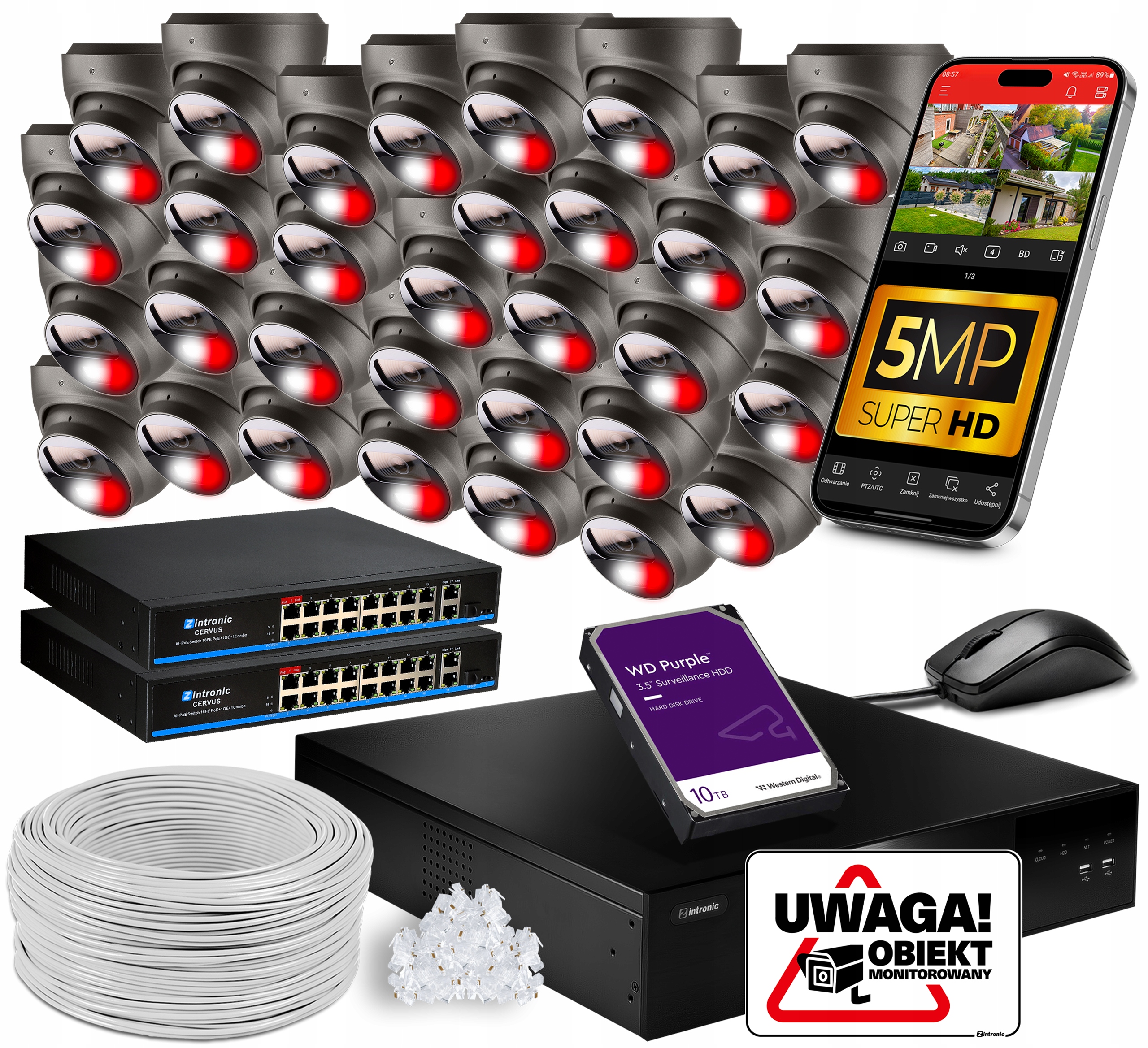 Sada Ip Monitoringu PoE 32 Kamer 5MPx Šedá Audio Detekce 10TB 2xSWITCH