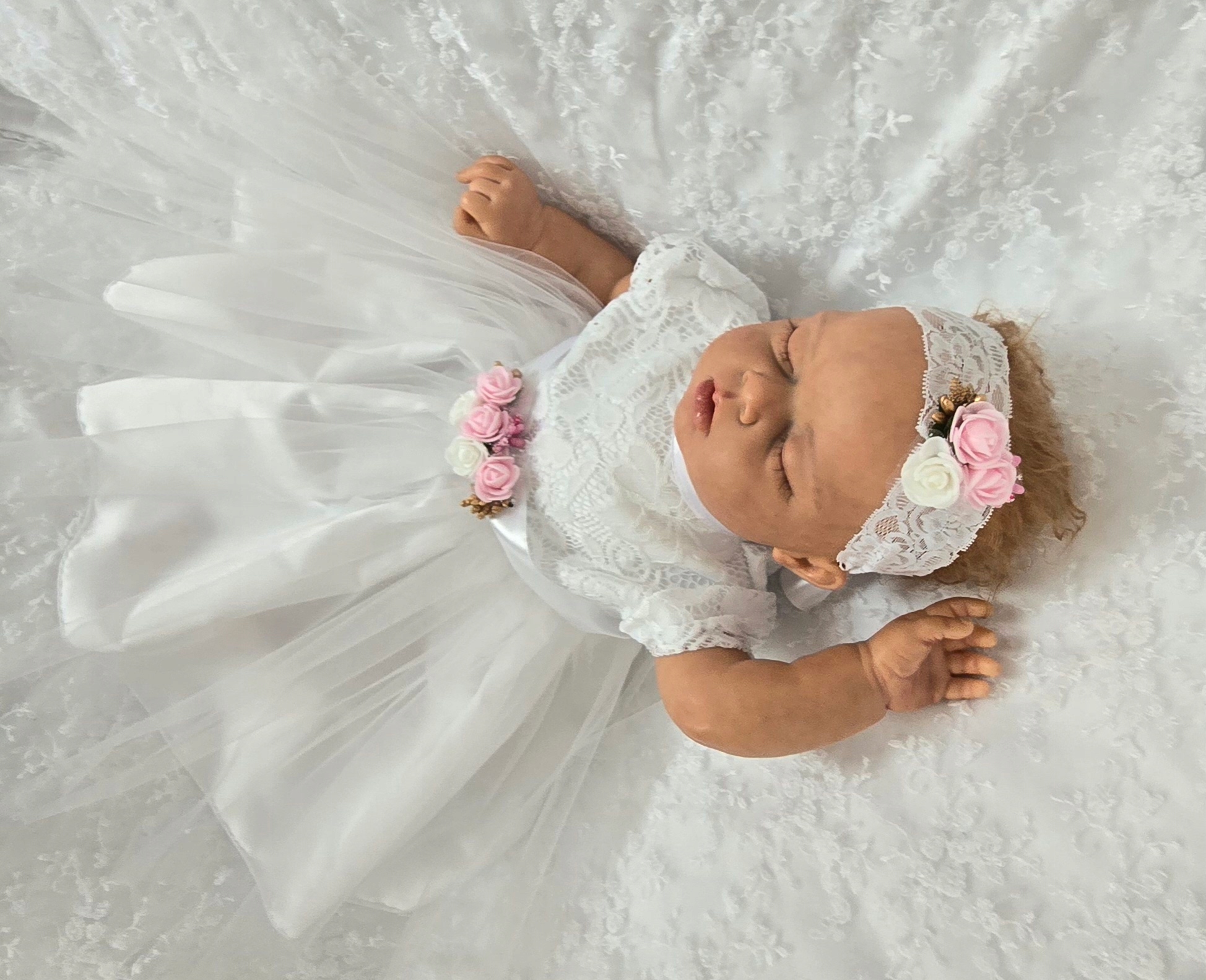 Sukienka Opaska Chrzest Różyczka Koronkowa 74 / 80 Kolor biały